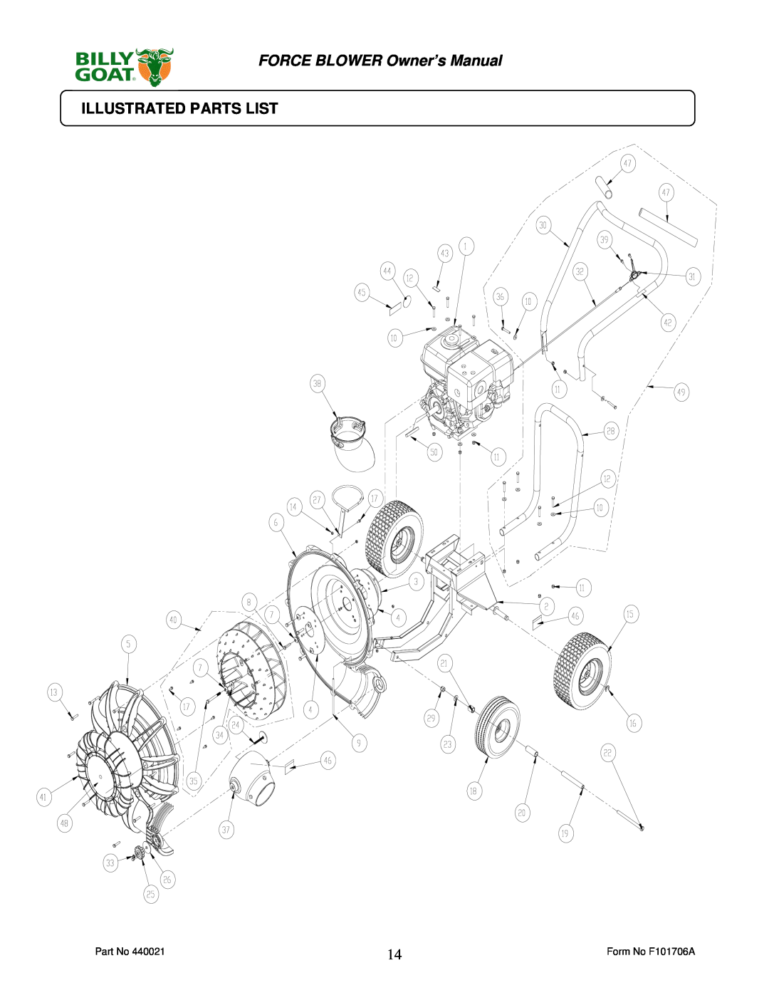 Billy Goat P / N 440120, P / N 440140 owner manual Illustrated Parts List, FORCE BLOWER Owner’s Manual 
