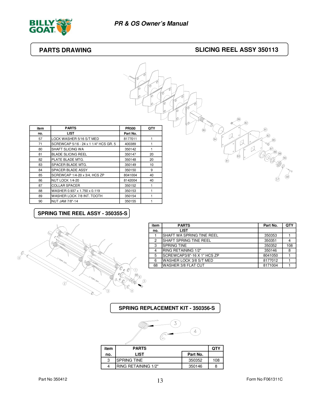 Billy Goat PR550H, OS552 Parts Drawing Slicing Reel Assy, Spring Tine Reel Assy 350355-S, Spring Replacement KIT 350356-S 