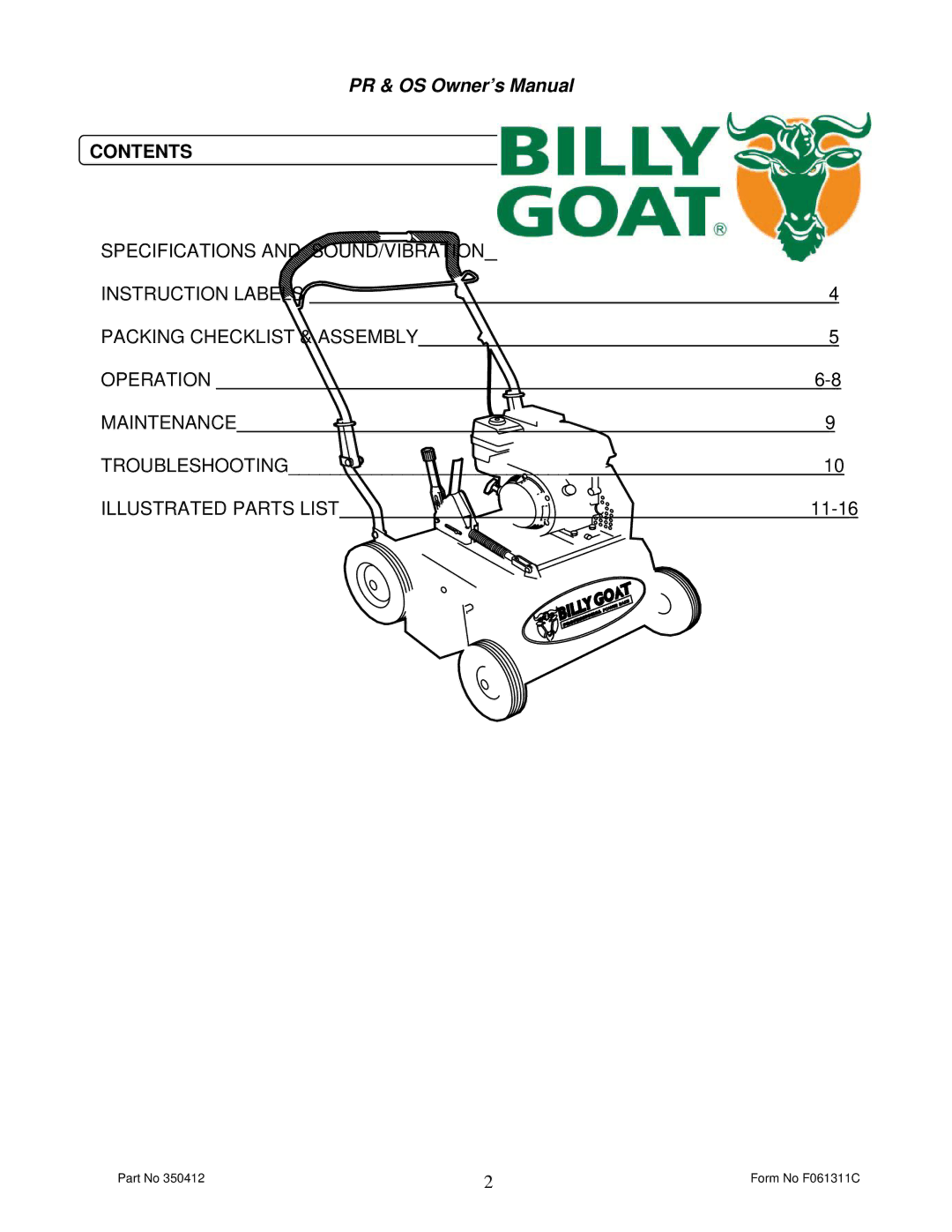 Billy Goat PR550H, OS552H owner manual Contents 