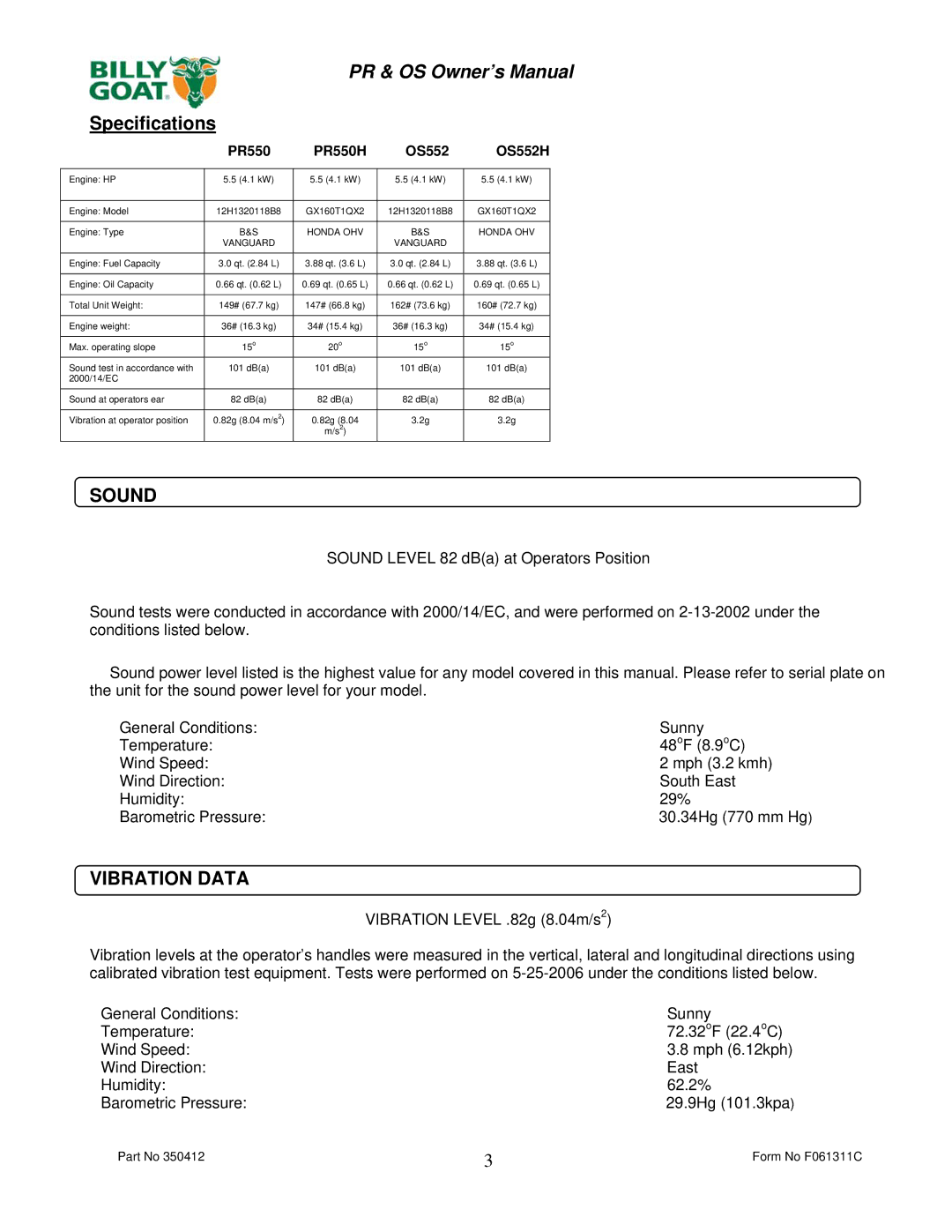 Billy Goat OS552H, PR550H owner manual Sound, Vibration Data 