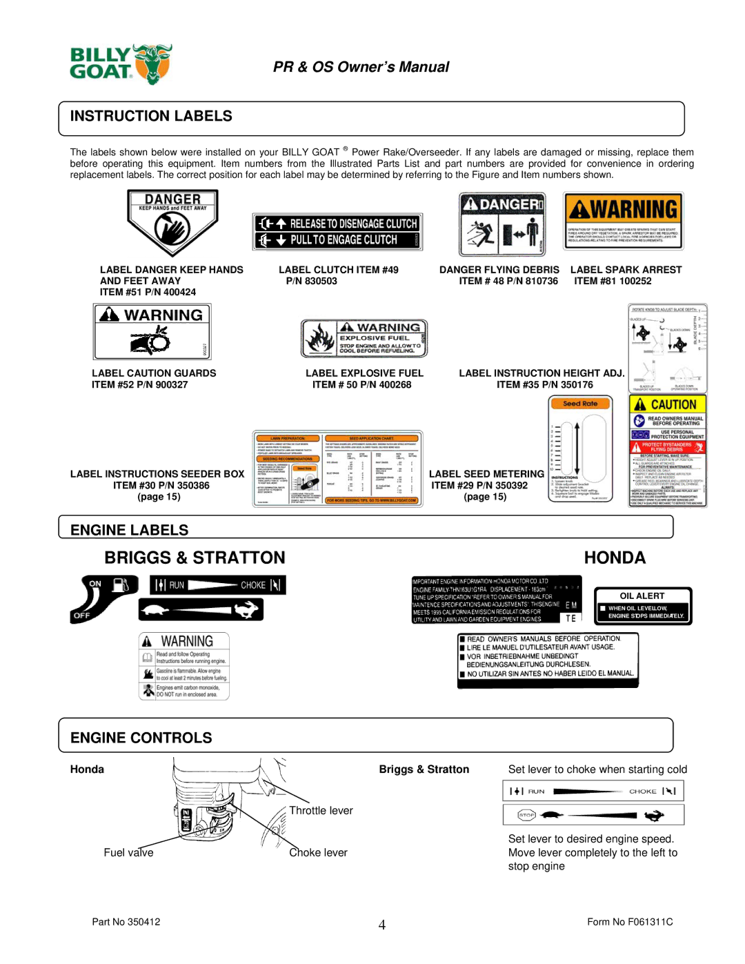 Billy Goat PR550H, OS552H owner manual Instruction Labels, Engine Labels, Engine Controls 