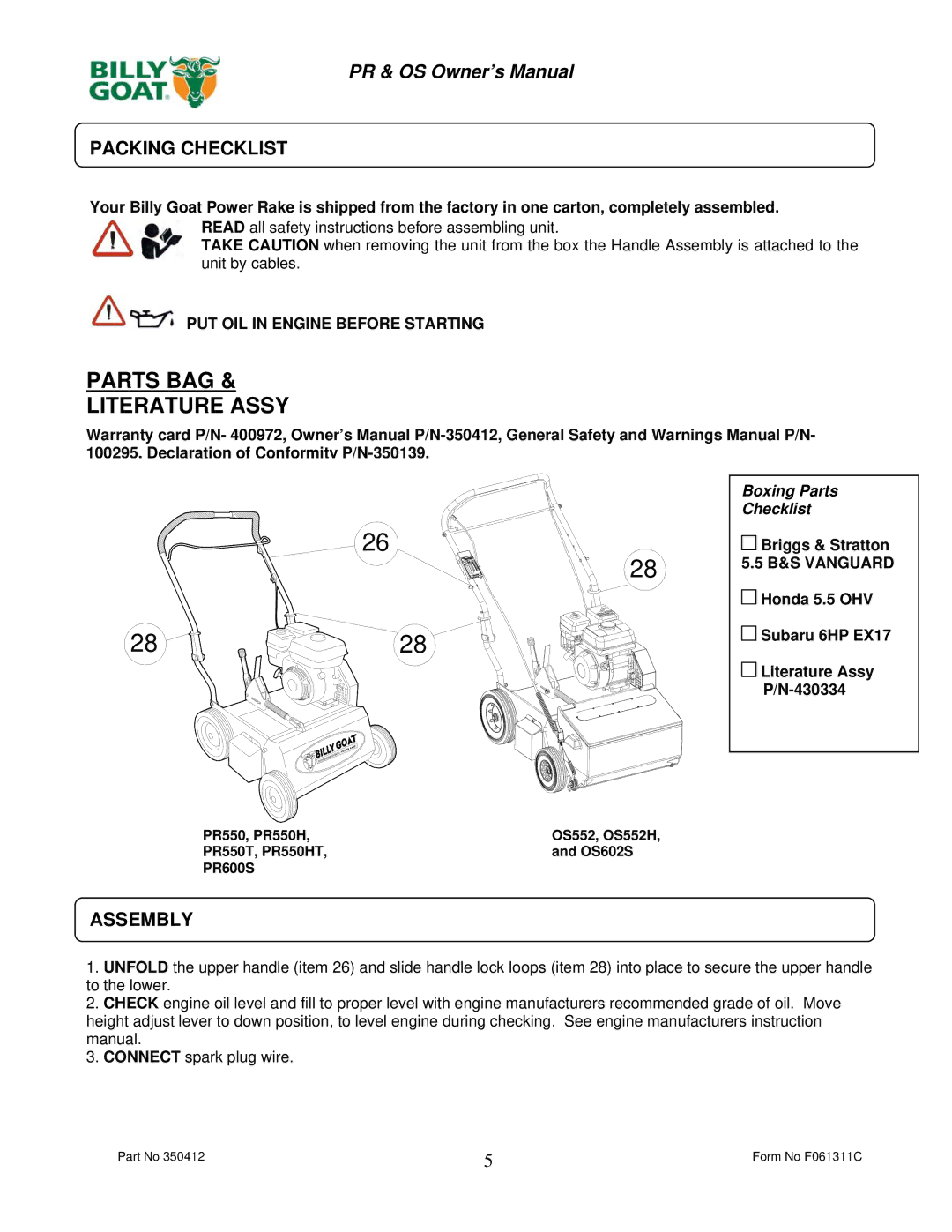 Billy Goat PR550H, OS552H owner manual Packing Checklist, Assembly, PUT OIL in Engine Before Starting 