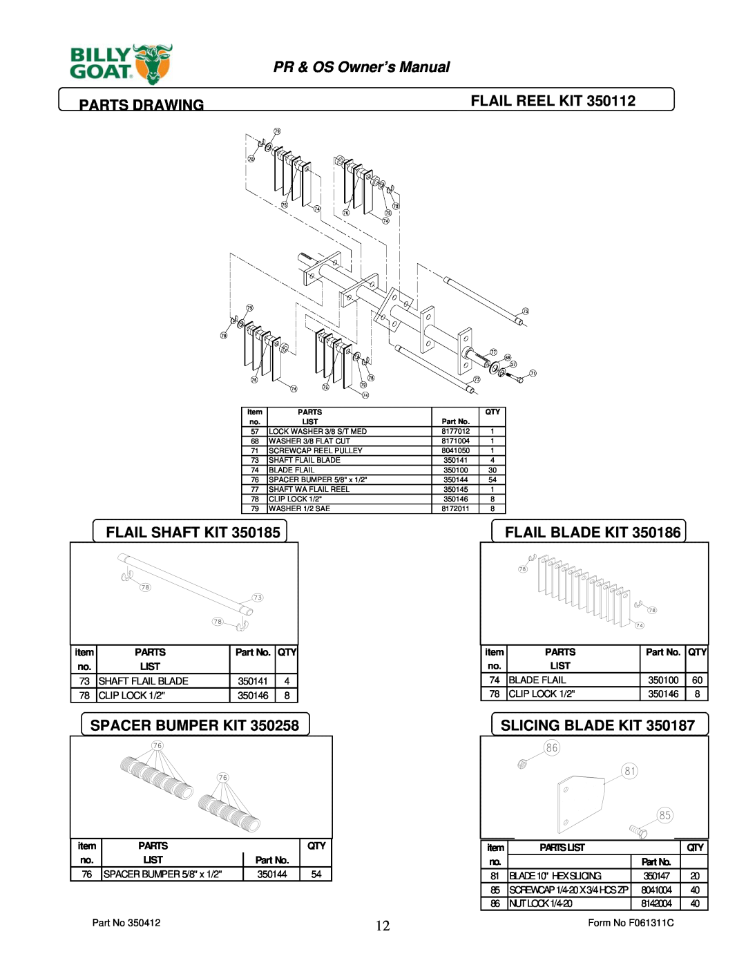 Billy Goat PR550 Parts Drawing, Flail Shaft Kit, Flail Blade Kit, Spacer Bumper Kit, Slicing Blade Kit, Flail Reel Kit 