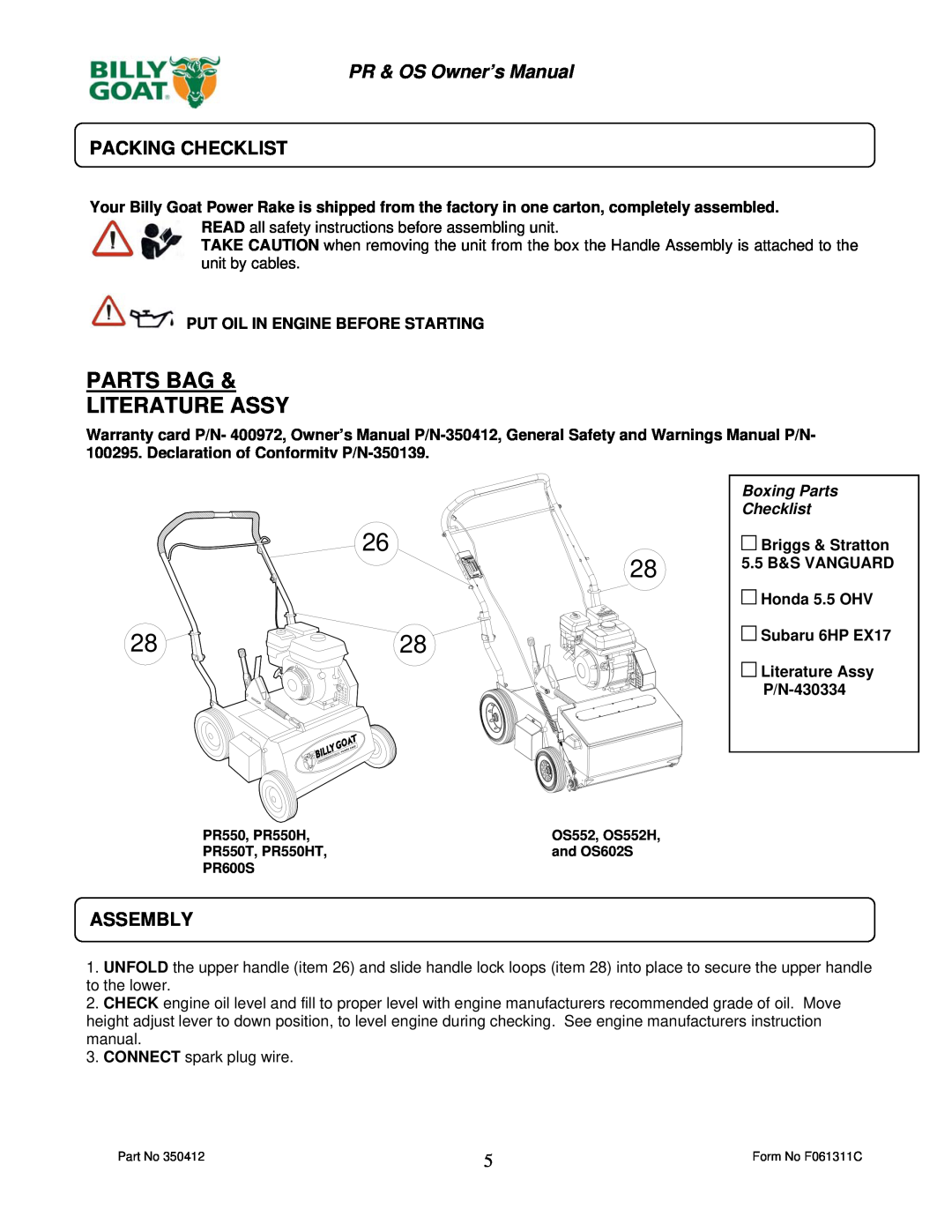 Billy Goat PR550H, OS552H owner manual Parts Bag & Literature Assy, Packing Checklist, Assembly, Boxing Parts Checklist 