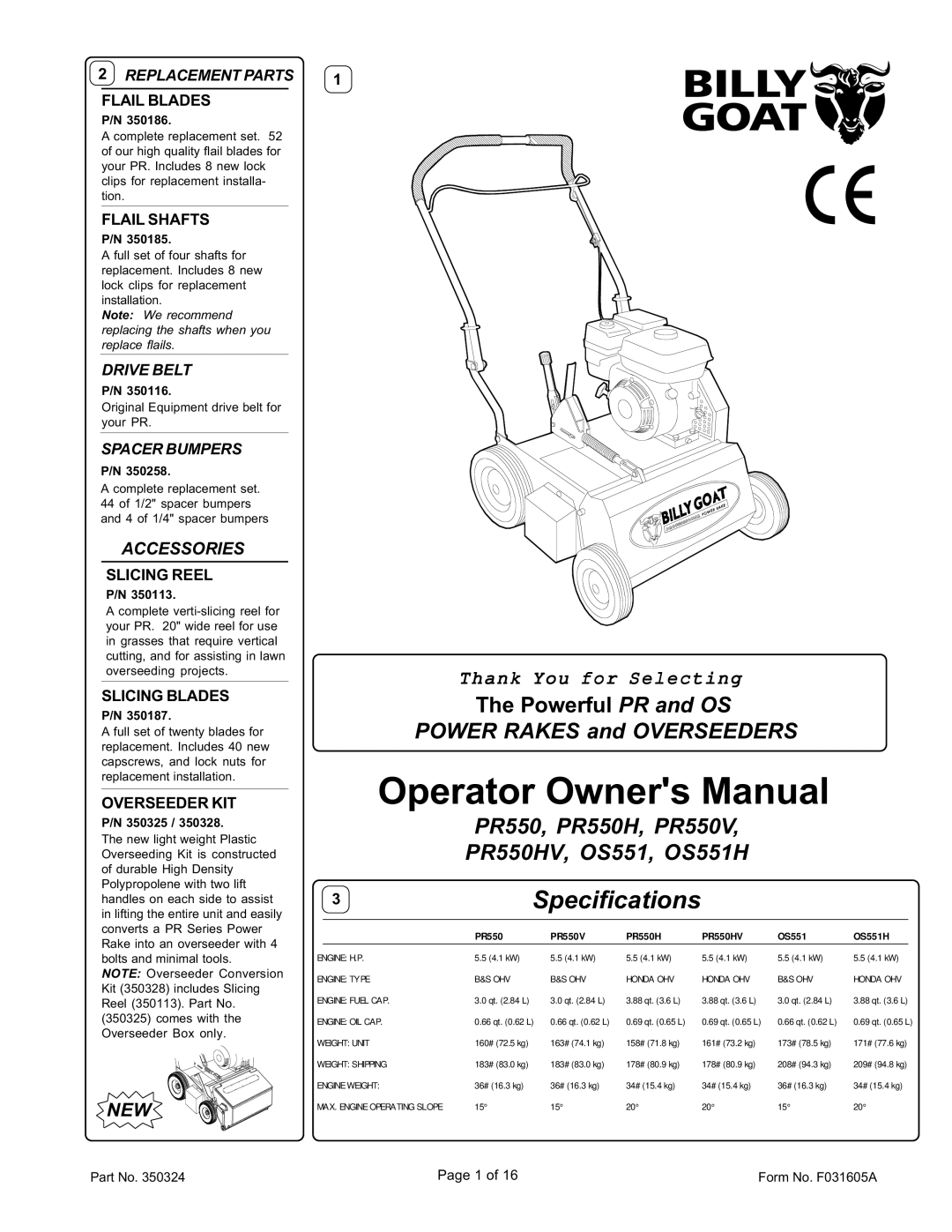 Billy Goat PR550, PR550H, PR550V, PR550HV, OS551, OS551H specifications New, Accessories 