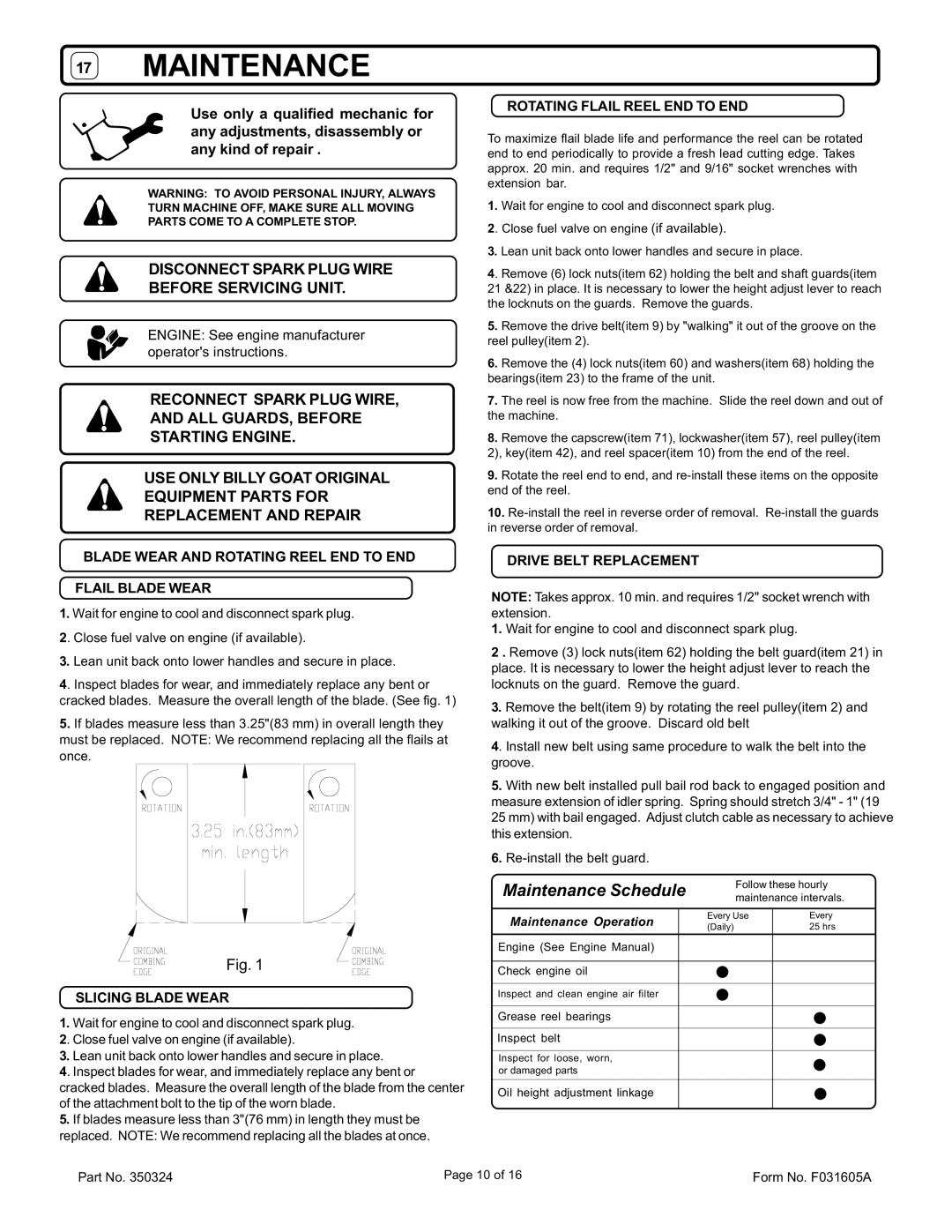 Billy Goat PR550, PR550H, PR550V, PR550HV, OS551, OS551H specifications Disconnect Spark Plug Wire Before Servicing Unit 