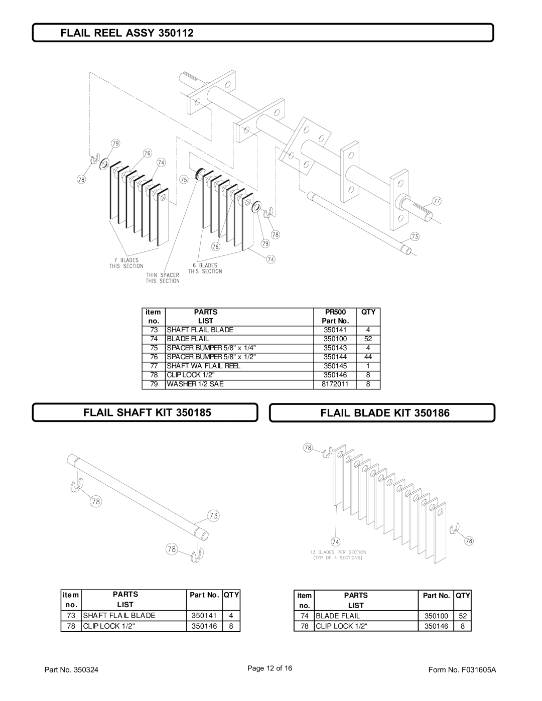 Billy Goat PR550, PR550H, PR550V, PR550HV, OS551, OS551H specifications Flail Reel Assy, Flail Shaft KIT Flail Blade KIT 