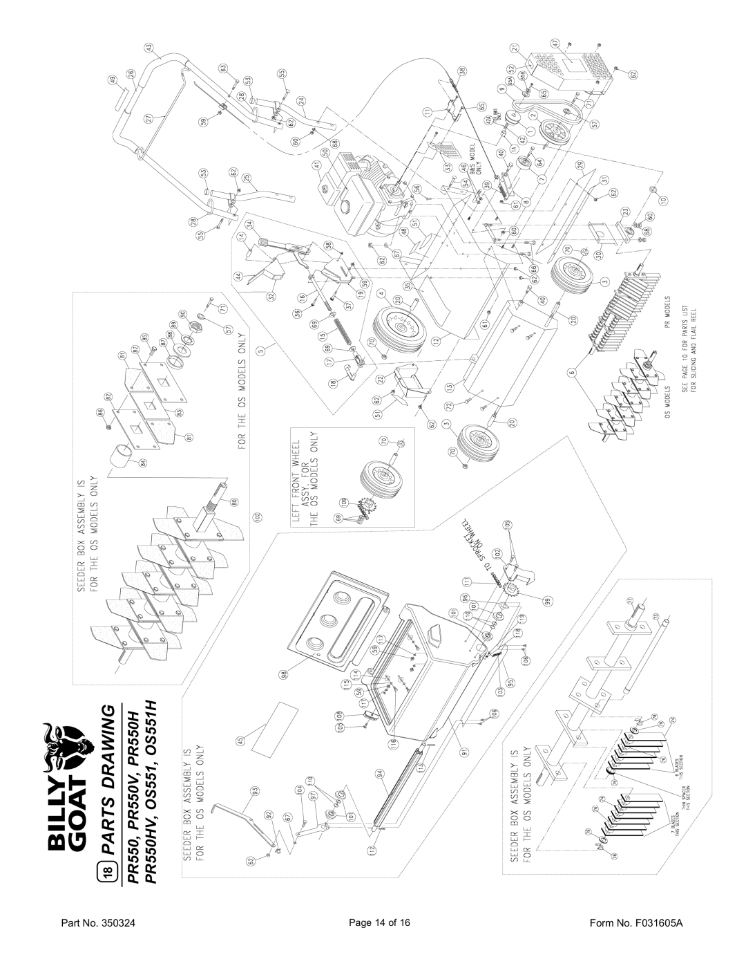 Billy Goat PR550, PR550H, PR550V, PR550HV, OS551, OS551H specifications Parts Drawing 