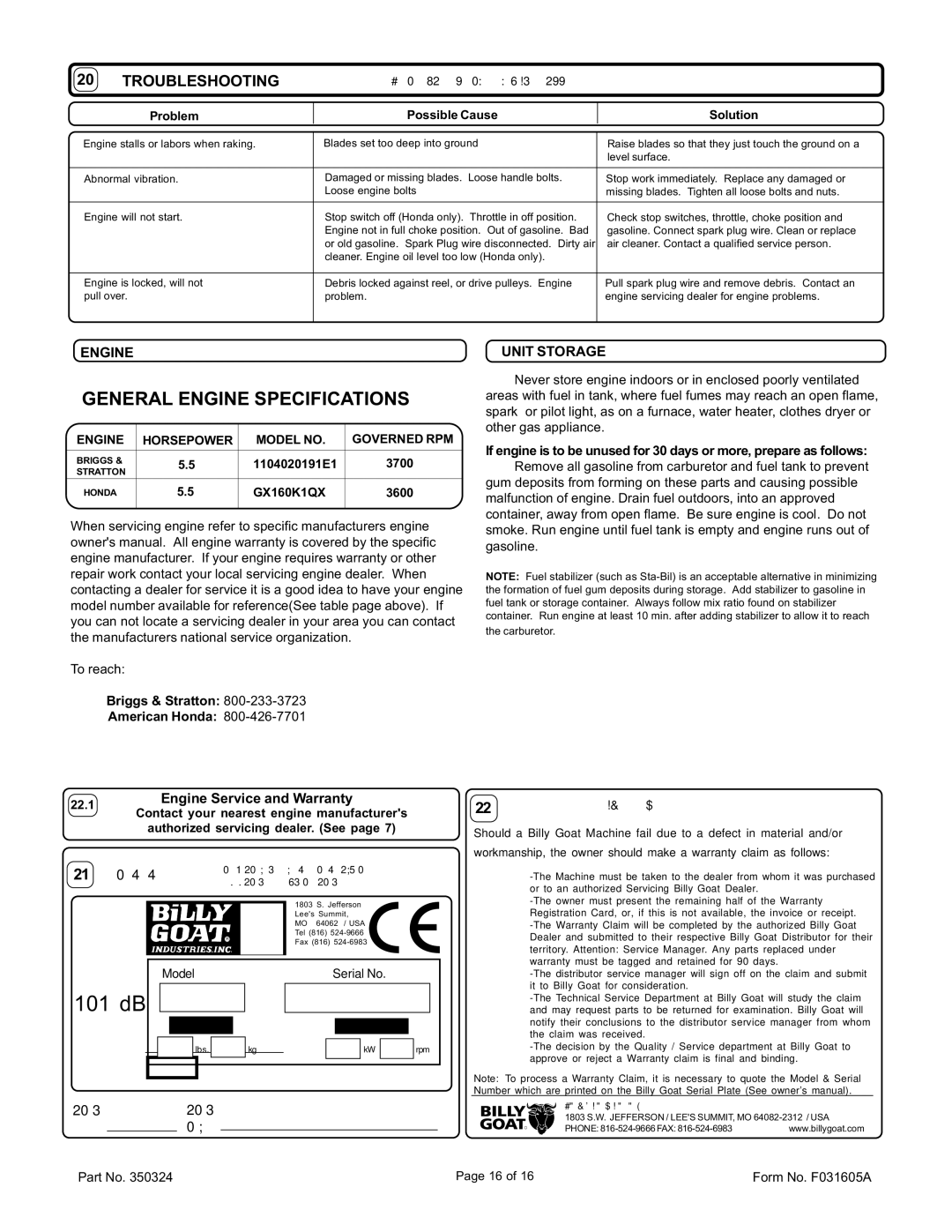 Billy Goat PR550, PR550H, PR550V, PR550HV, OS551, OS551H General Engine Specifications, Troubleshooting, Unit Storage 