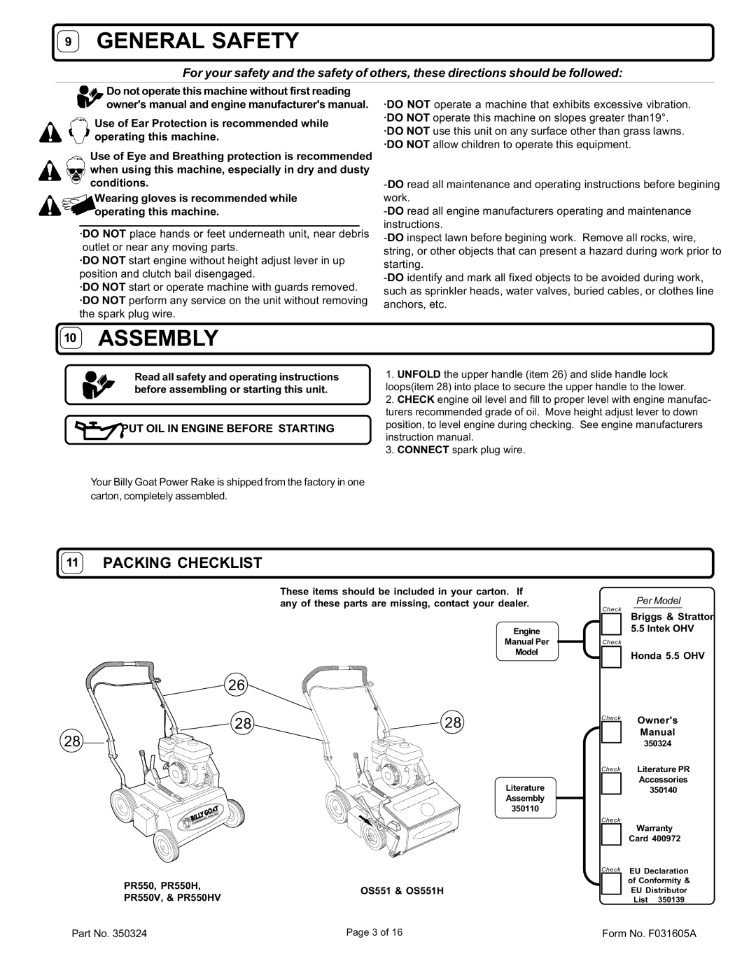 Billy Goat PR550, PR550H, PR550V, PR550HV, OS551, OS551H Packing Checklist, PUT OIL in Engine Before Starting 