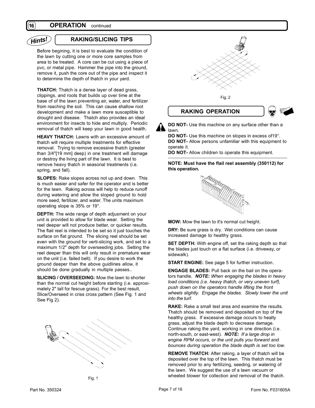 Billy Goat PR550, PR550H, PR550V, PR550HV, OS551, OS551H specifications RAKING/SLICING Tips, Raking Operation 