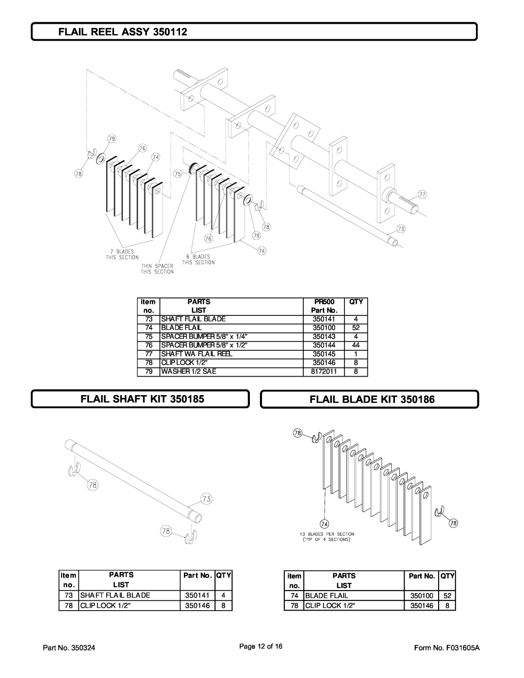 Billy Goat PR550, PR550H, PR550V, PR550HV, OS551, OS551H specifications Flail Reel Assy, Flail Shaft Kit, Flail Blade Kit 
