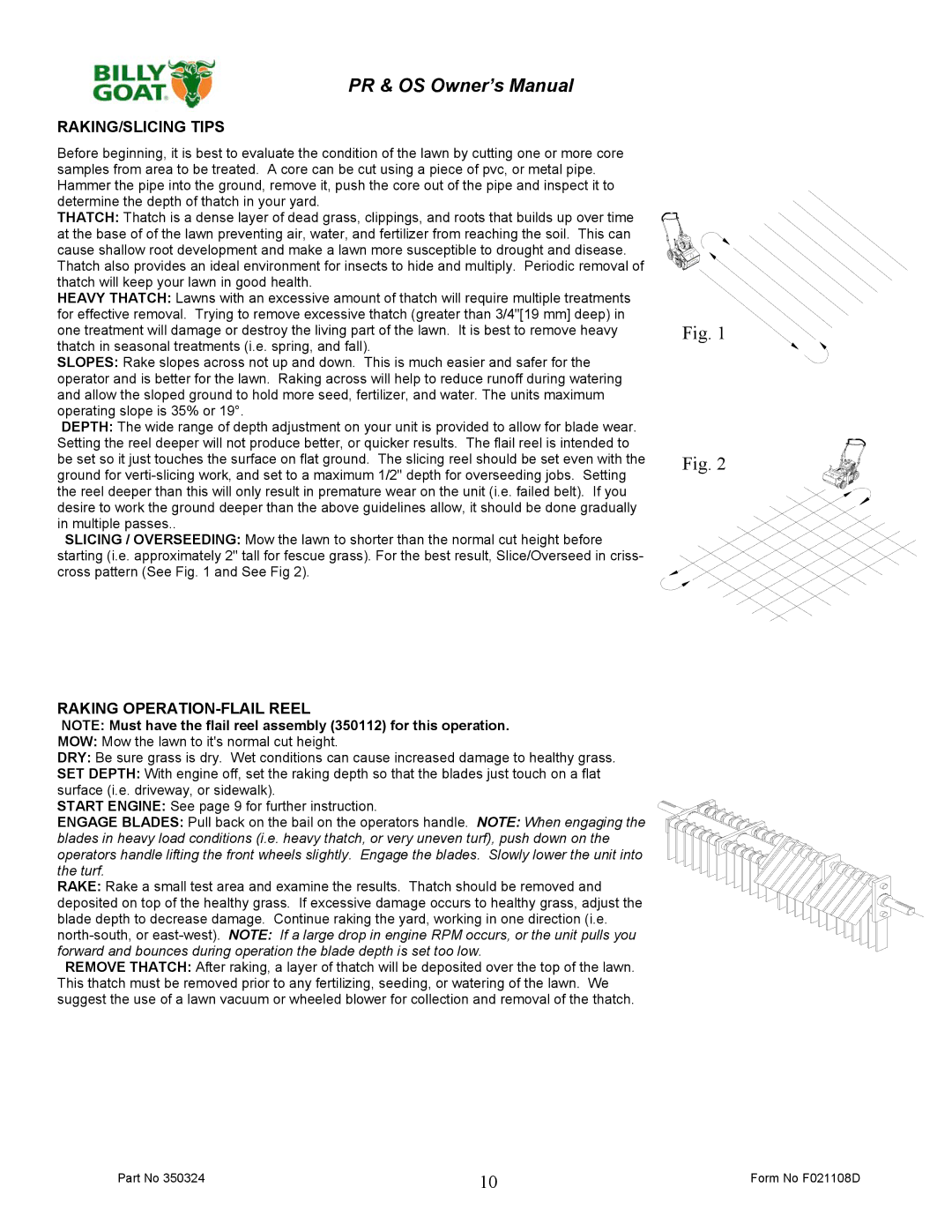 Billy Goat PR550T, PR600S, PR500HT, OS551H, OS600S owner manual RAKING/SLICING Tips, Raking OPERATION-FLAIL Reel 