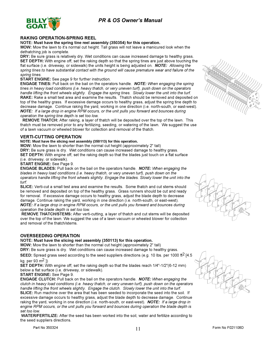 Billy Goat OS600S, PR600S, OS551, PR500HT Raking OPERATION-SPRING Reel, VERTI-CUTTING Operation, Overseeding Operation 