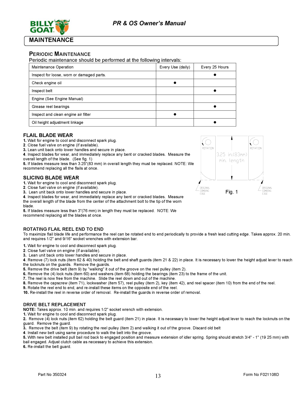 Billy Goat PR600S, PR500HT, OS551H, PR550T, OS600S Periodic Maintenance, Flail Blade Wear, Slicing Blade Wear 
