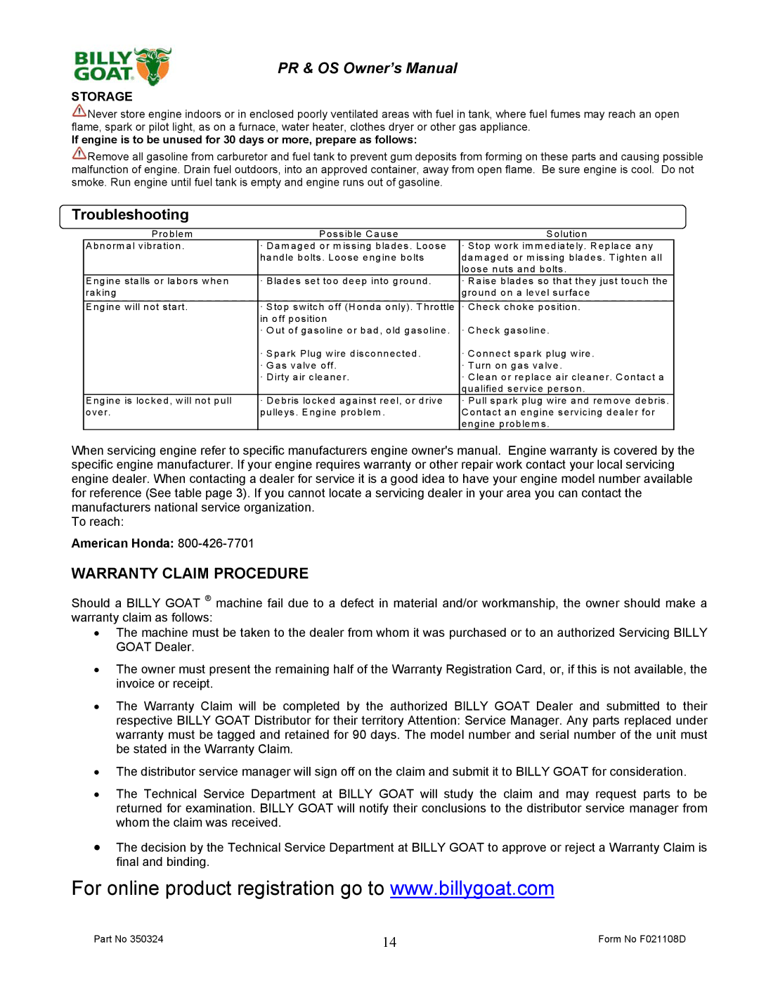 Billy Goat PR500HT, PR600S, OS551H, PR550T, OS600S owner manual Warranty Claim Procedure, Storage 