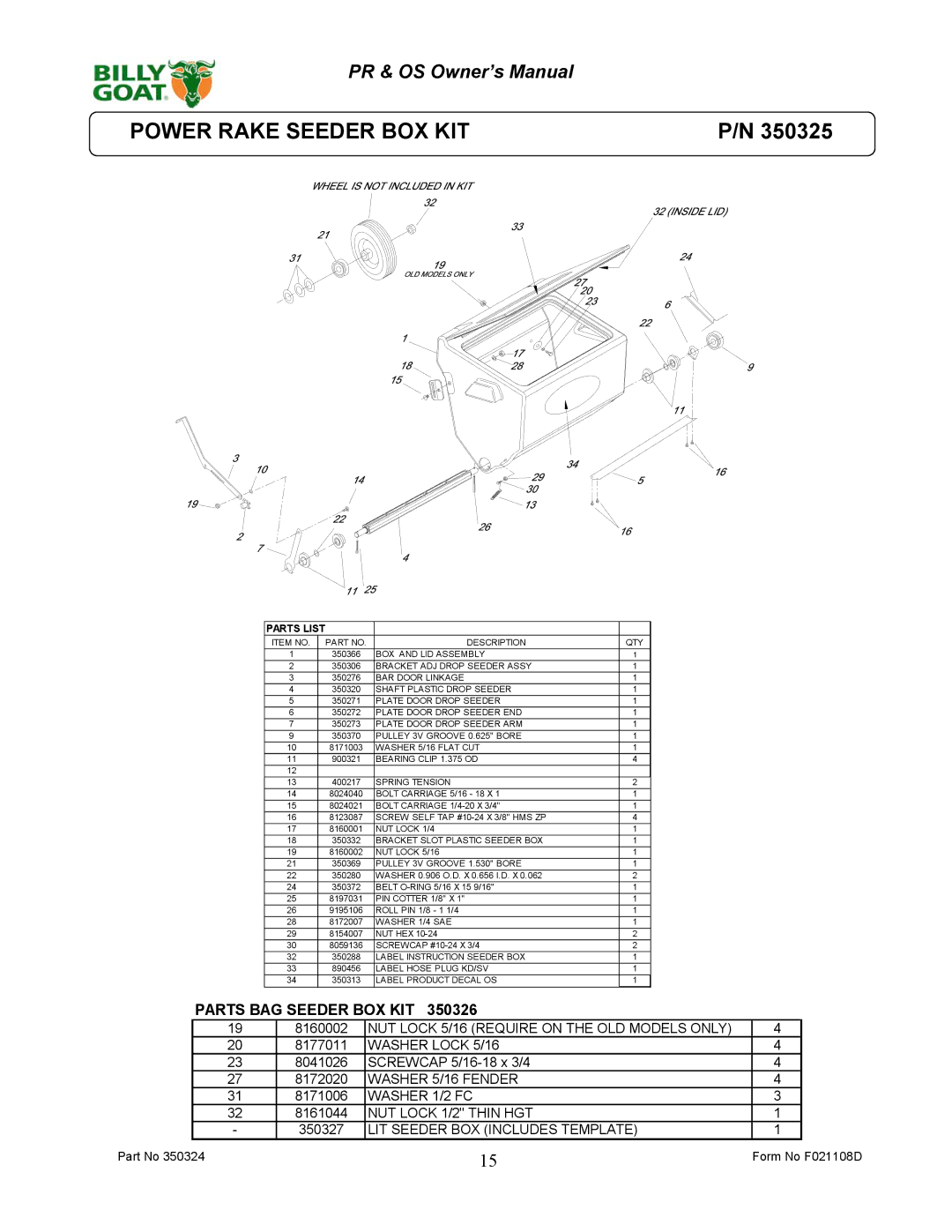 Billy Goat OS551H, PR600S, PR500HT, PR550T, OS600S owner manual Power Rake Seeder BOX KIT, Parts BAG Seeder BOX KIT 