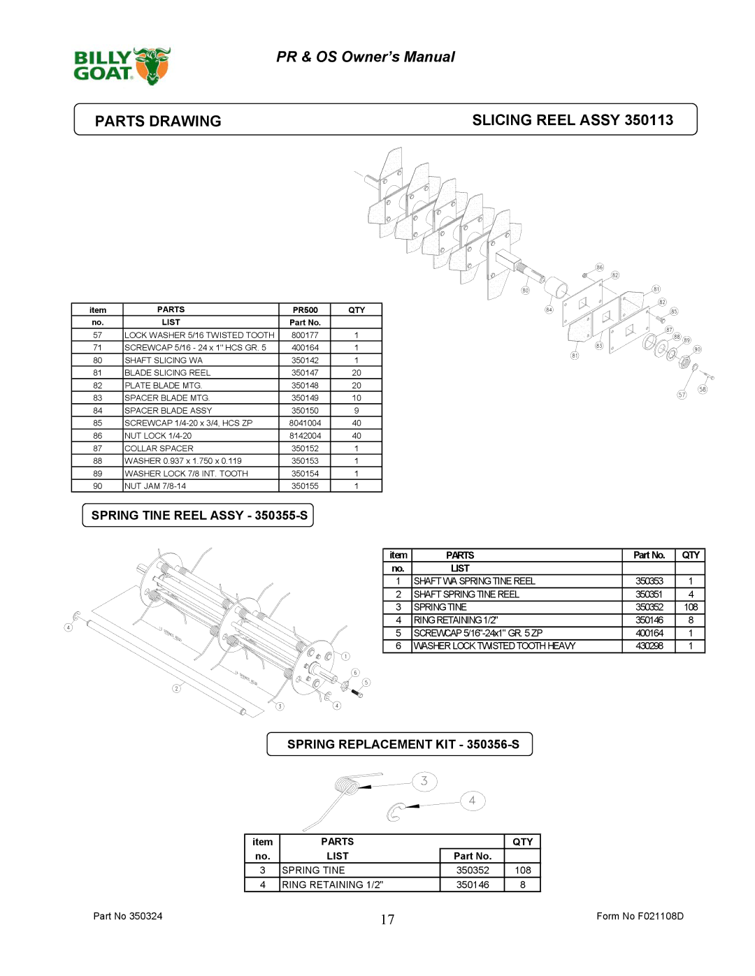 Billy Goat OS600S, PR600S Parts Drawing Slicing Reel Assy, Spring Tine Reel Assy 350355-S, Spring Replacement KIT 350356-S 