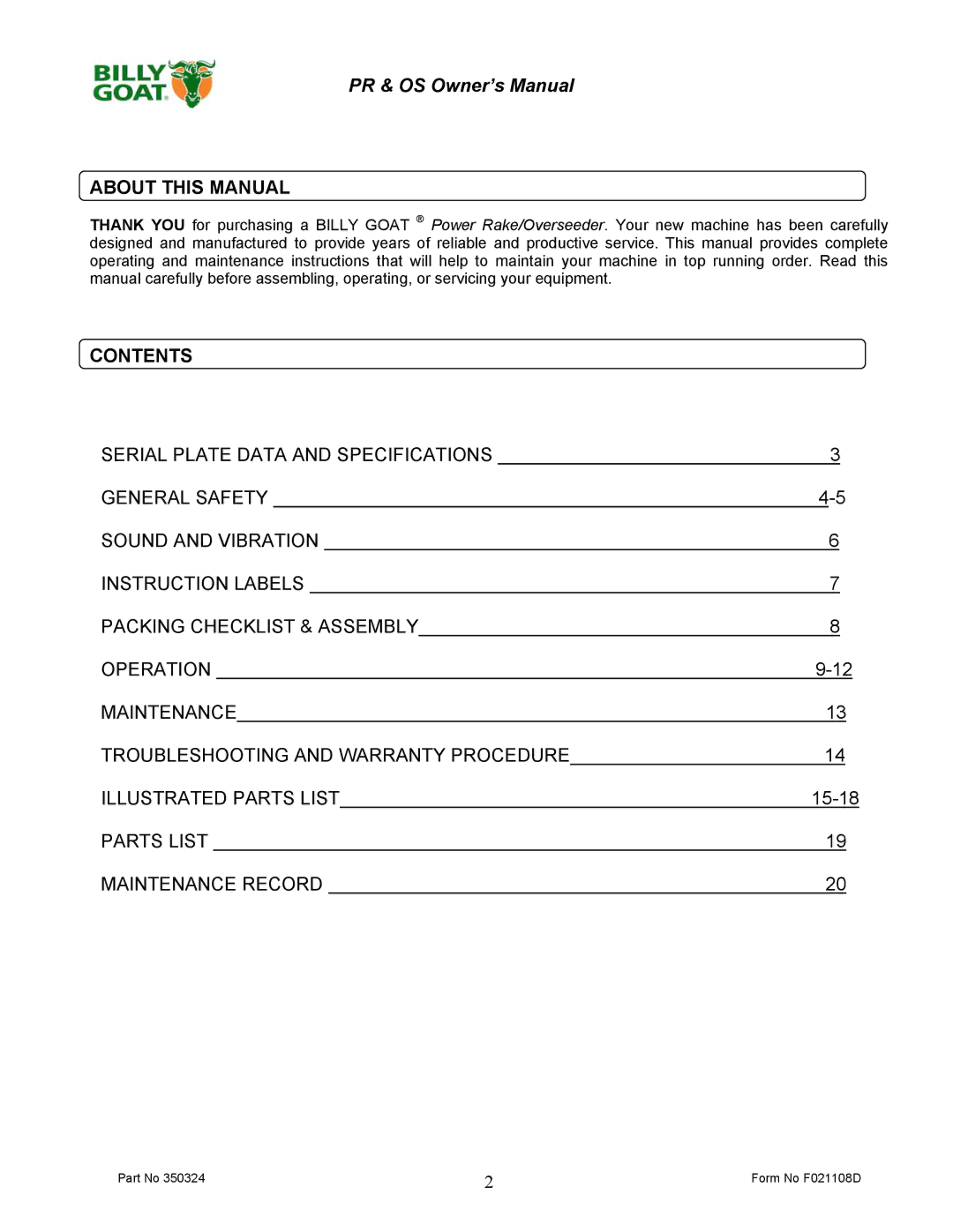 Billy Goat PR500HT, PR600S, OS551H, PR550T, OS600S owner manual About this Manual, Contents 