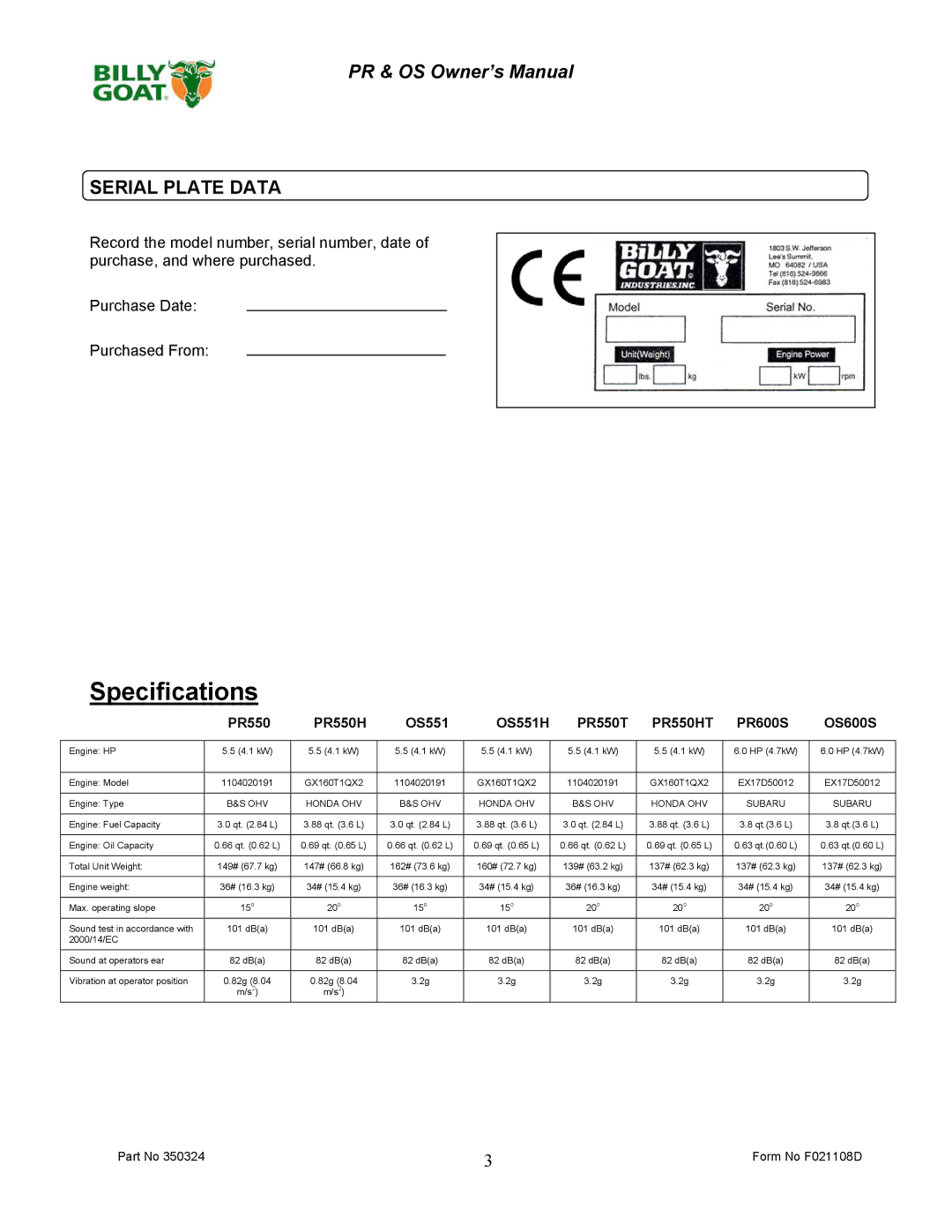 Billy Goat OS551H, PR600S, PR500HT, PR550T, OS600S owner manual Specifications, Serial Plate Data 