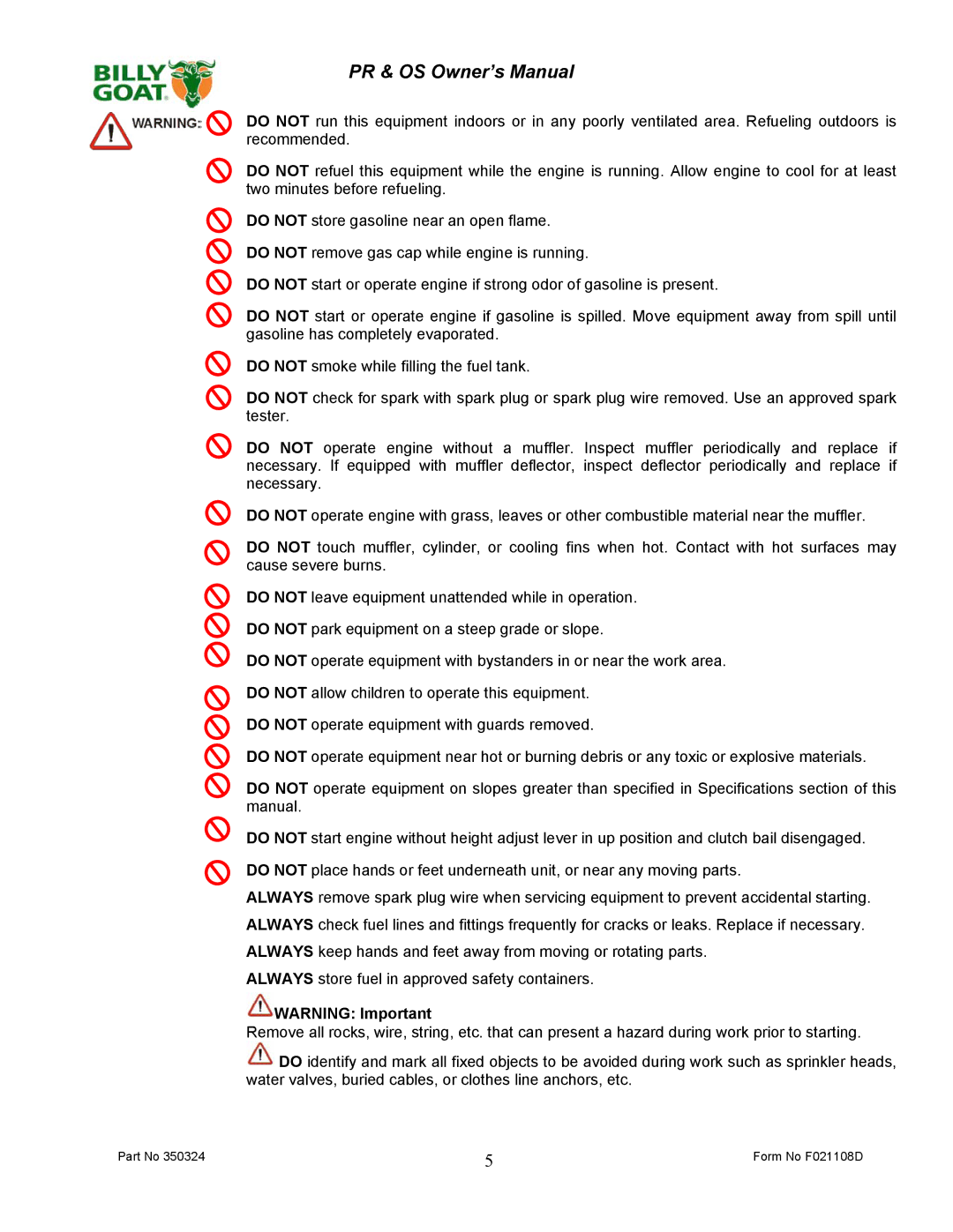 Billy Goat OS600S, PR600S, PR500HT, OS551H, PR550T owner manual Form No F021108D 