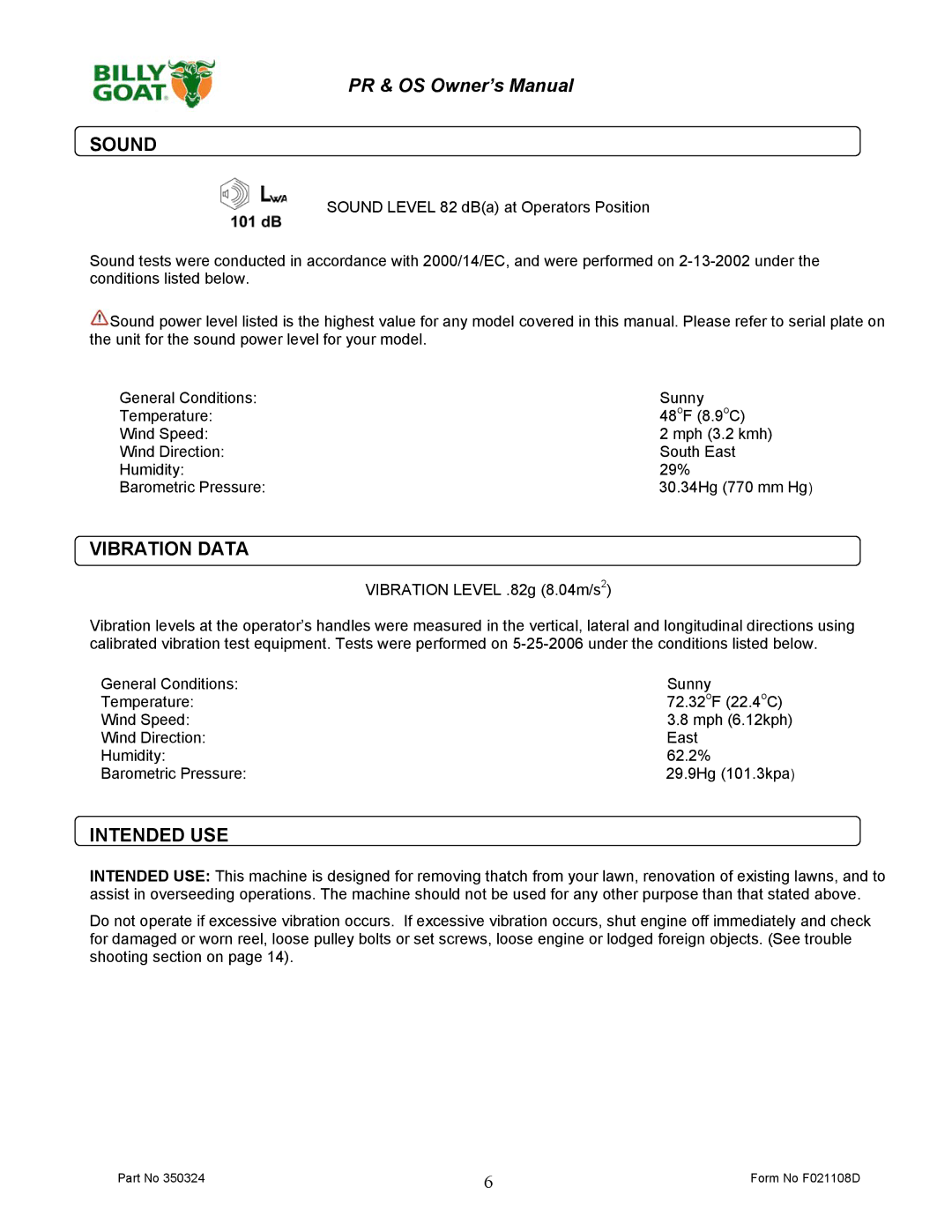 Billy Goat PR600S, PR500HT, OS551H, PR550T, OS600S owner manual Sound, Vibration Data, Intended USE 