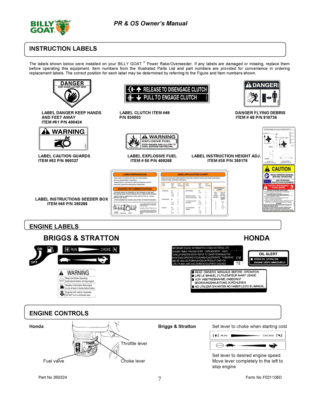 Billy Goat PR600S, PR500HT, OS551H, PR550T, OS600S owner manual Instruction Labels, Engine Labels, Engine Controls 