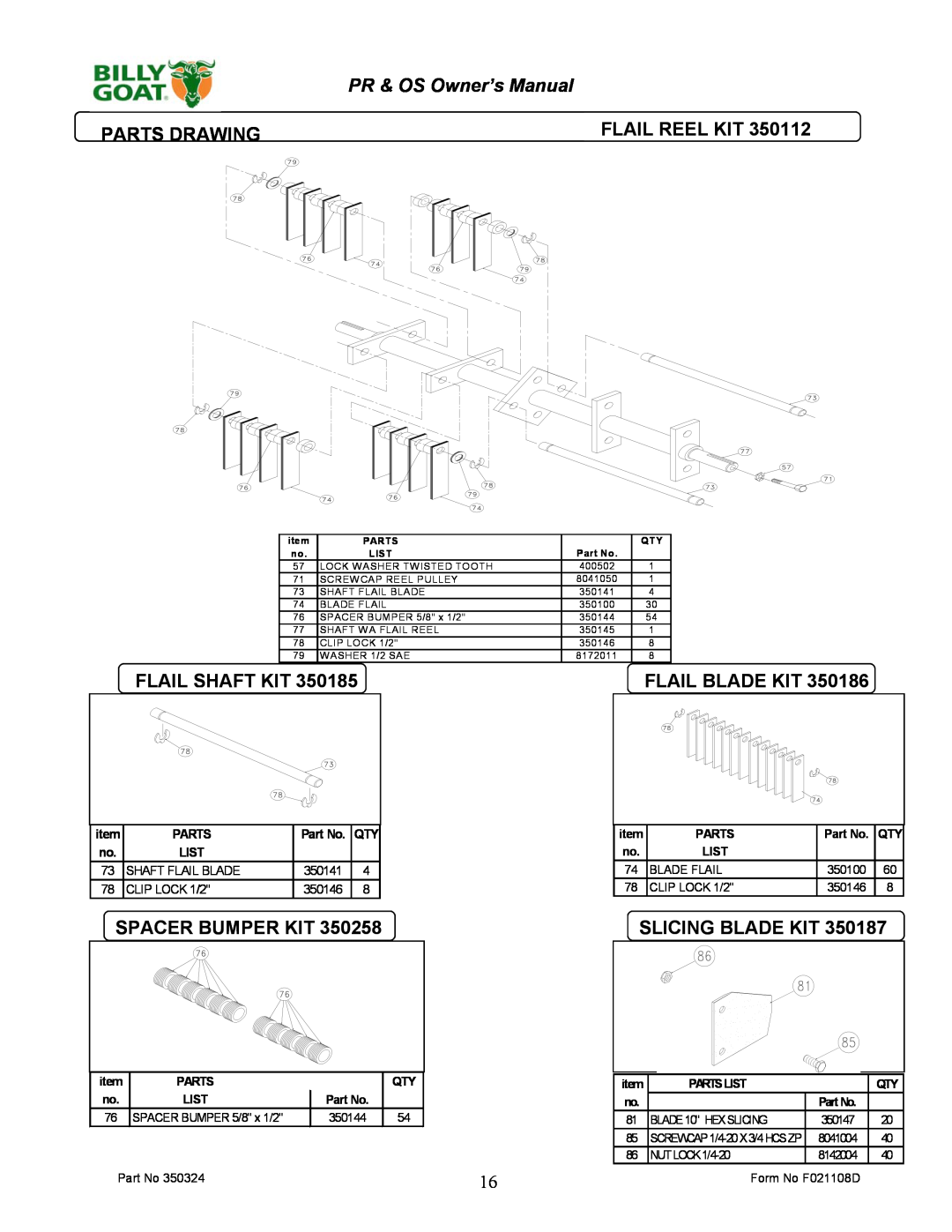 Billy Goat PR550T Parts Drawing, Flail Shaft Kit, Flail Blade Kit, Spacer Bumper Kit, Slicing Blade Kit, Flail Reel Kit 