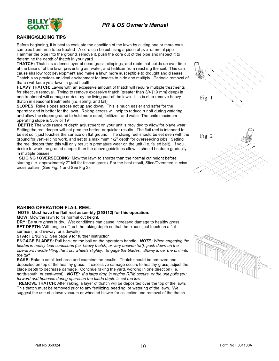 Billy Goat PR500HT, PR600S, OS551H, PR550T, PR550H, OS600S owner manual RAKING/SLICING Tips, Raking OPERATION-FLAIL Reel 