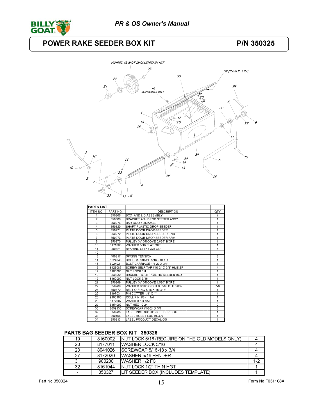 Billy Goat OS600S, PR600S, PR500HT, OS551H, PR550T, PR550H owner manual Power Rake Seeder BOX KIT, Parts BAG Seeder BOX KIT 