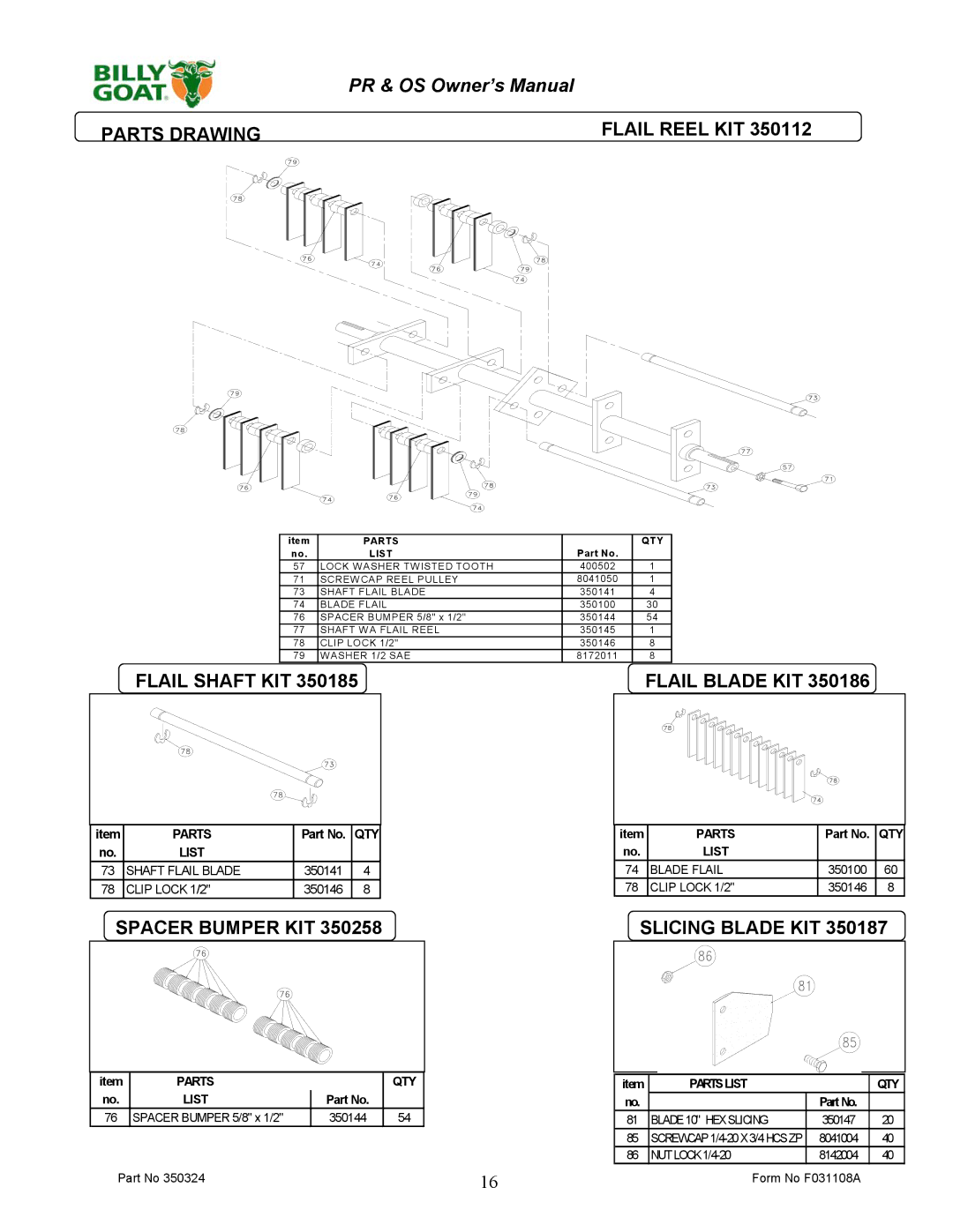 Billy Goat PR600S, OS551, PR500HT Parts Drawing, Flail Shaft KIT Flail Blade KIT, Spacer Bumper KIT, Slicing Blade KIT 