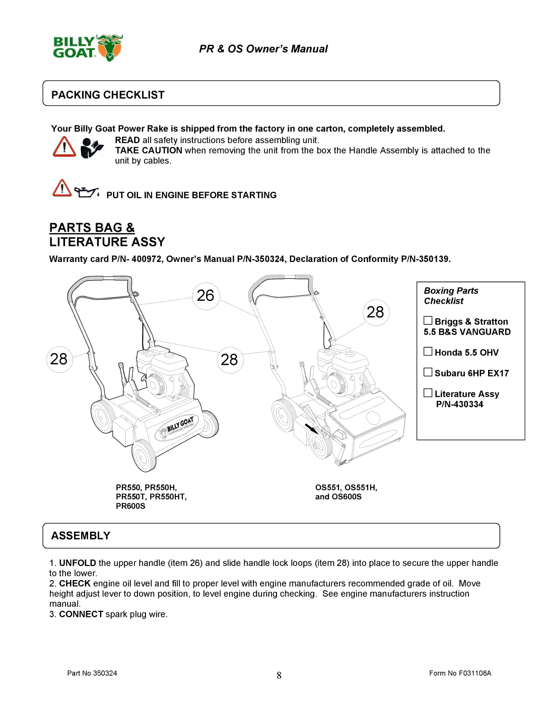 Billy Goat PR600S, PR500HT, OS551H, PR550T, PR550H, OS600S Packing Checklist, Assembly, PUT OIL in Engine Before Starting 