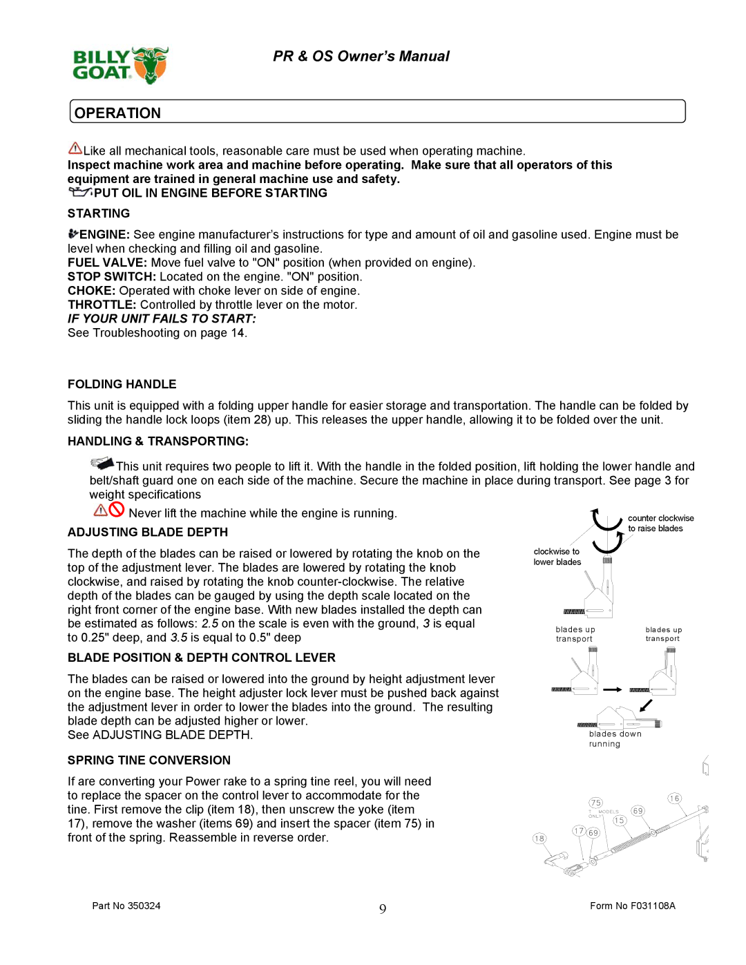 Billy Goat PR600S, PR500HT, OS551H, PR550T, PR550H, OS600S owner manual Operation 