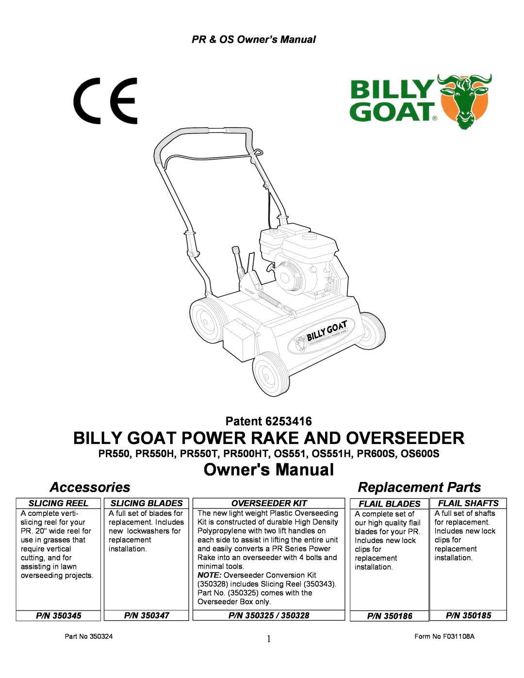 Billy Goat OS551 owner manual Patent, Billy Goat Power Rake And Overseeder, Accessories, Replacement Parts, Slicing Reel 