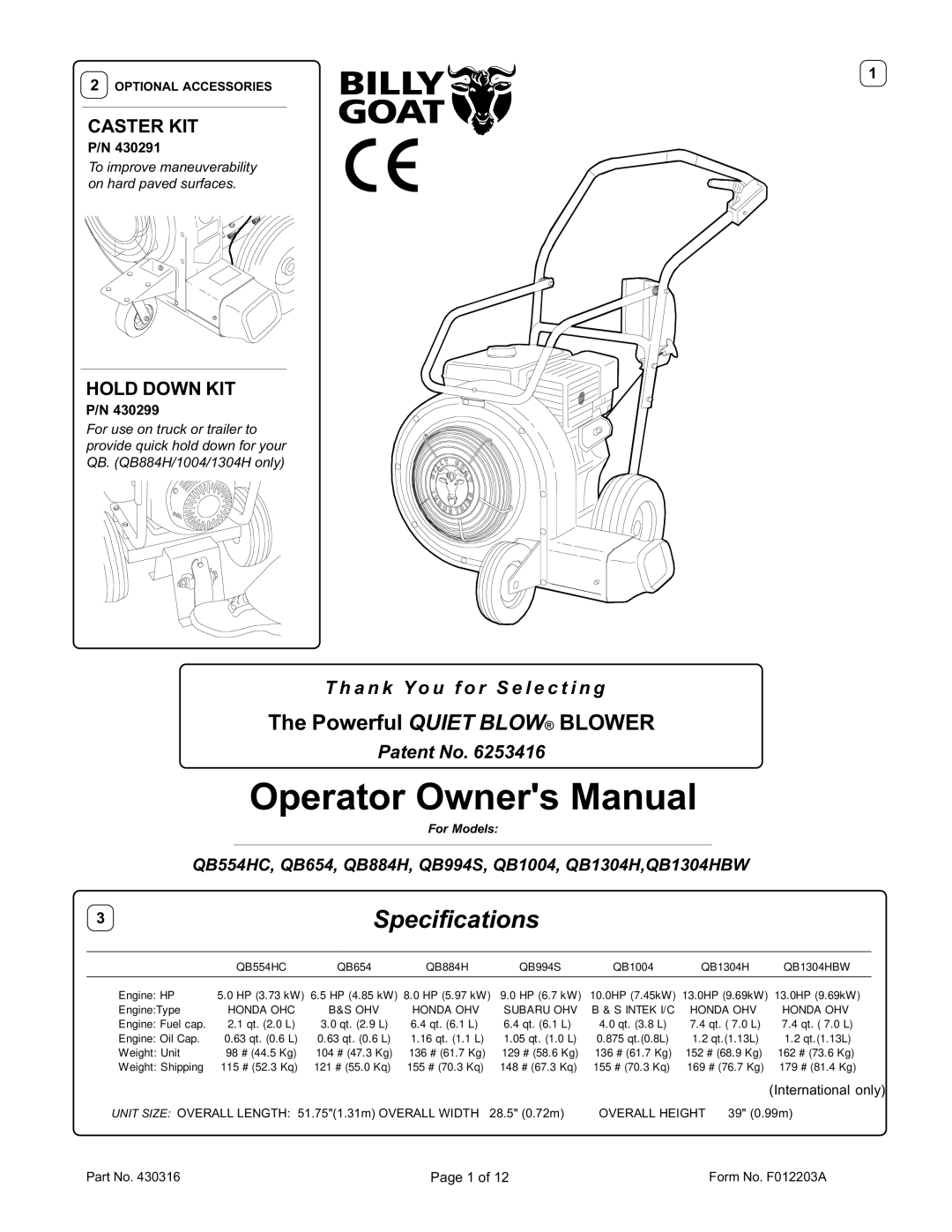 Billy Goat QB1004, QB884H, QB1304H, QB994S, QB654, QB1304HBW, QB554HC specifications Powerful Quiet Blow Blower 