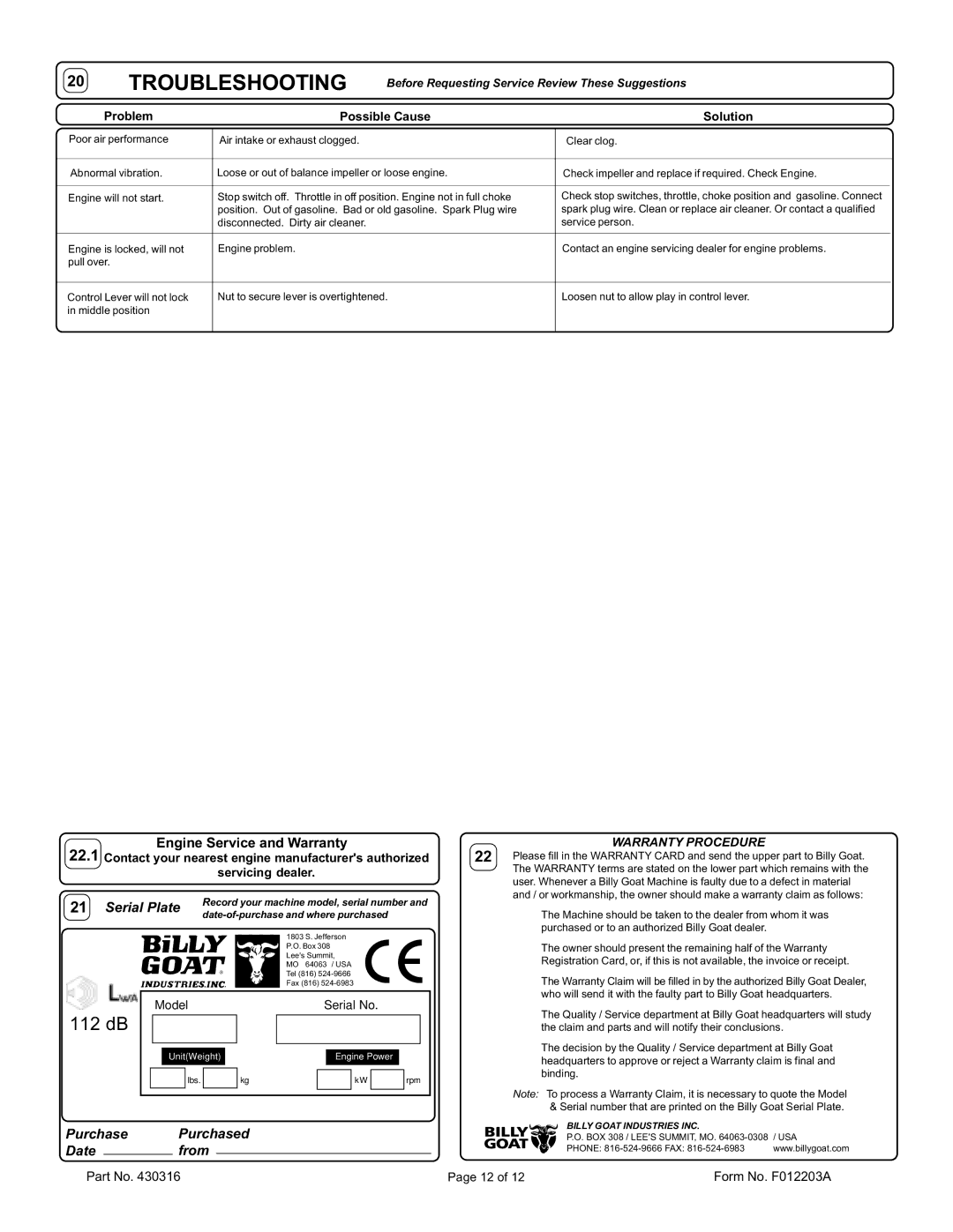 Billy Goat QB1004, QB884H, QB1304H, QB994S, QB654, QB1304HBW, QB554HC Troubleshooting, Engine Service and Warranty 