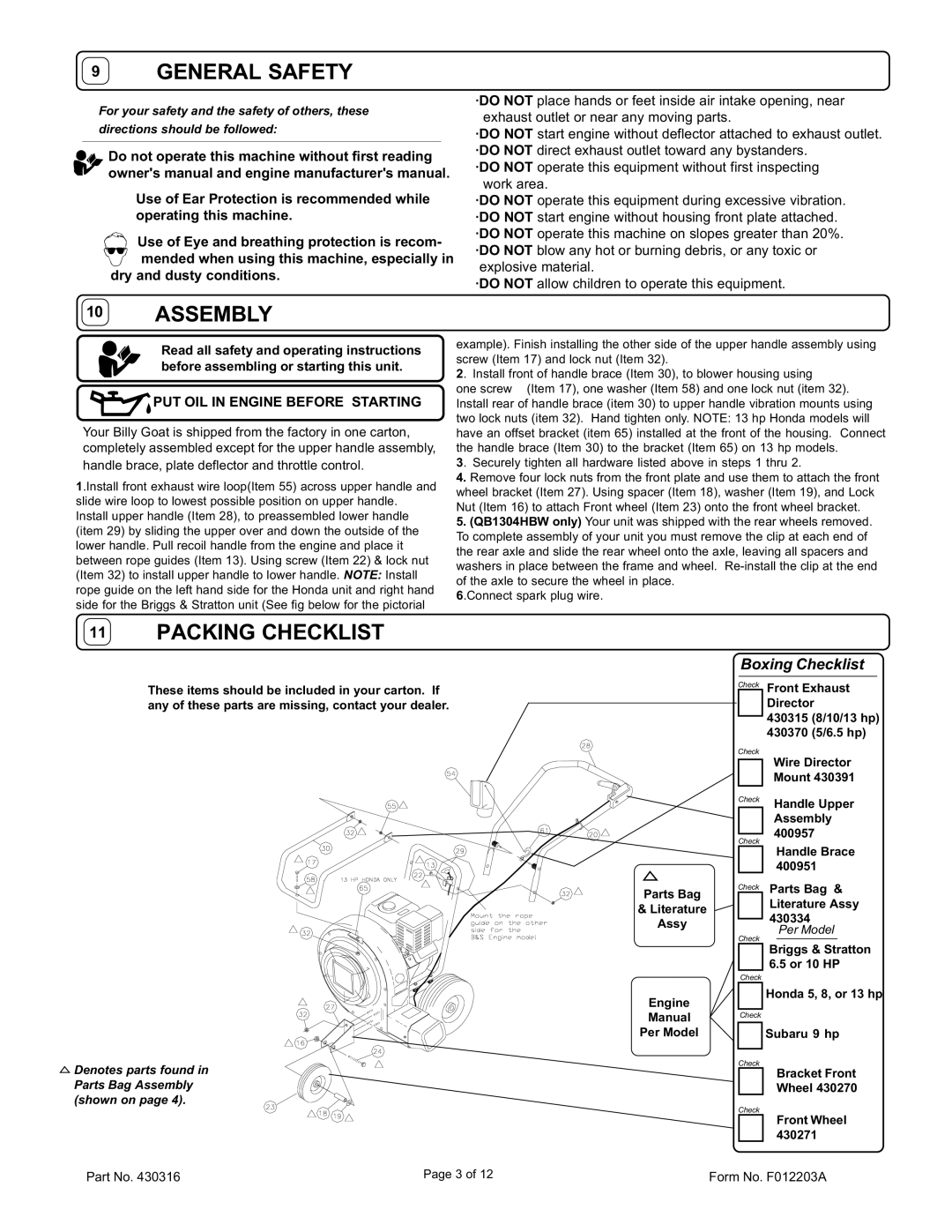 Billy Goat QB1004, QB884H, QB1304H, QB994S, QB654, QB1304HBW, QB554HC General Safety, Assembly, Packing Checklist 