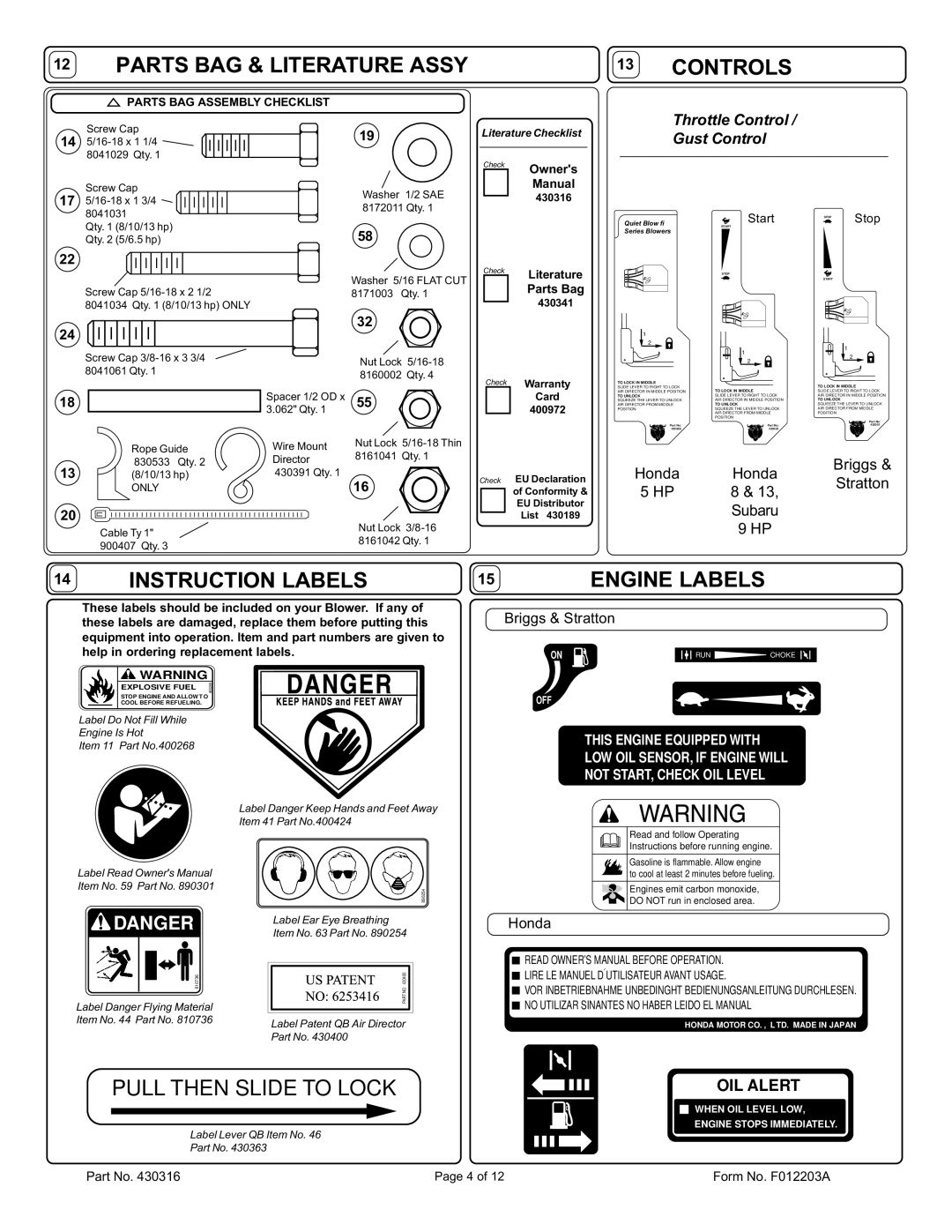 Billy Goat QB1004, QB884H, QB1304H, QB994S, QB654, QB1304HBW, QB554HC Parts BAG & Literature Assy Controls, Honda 