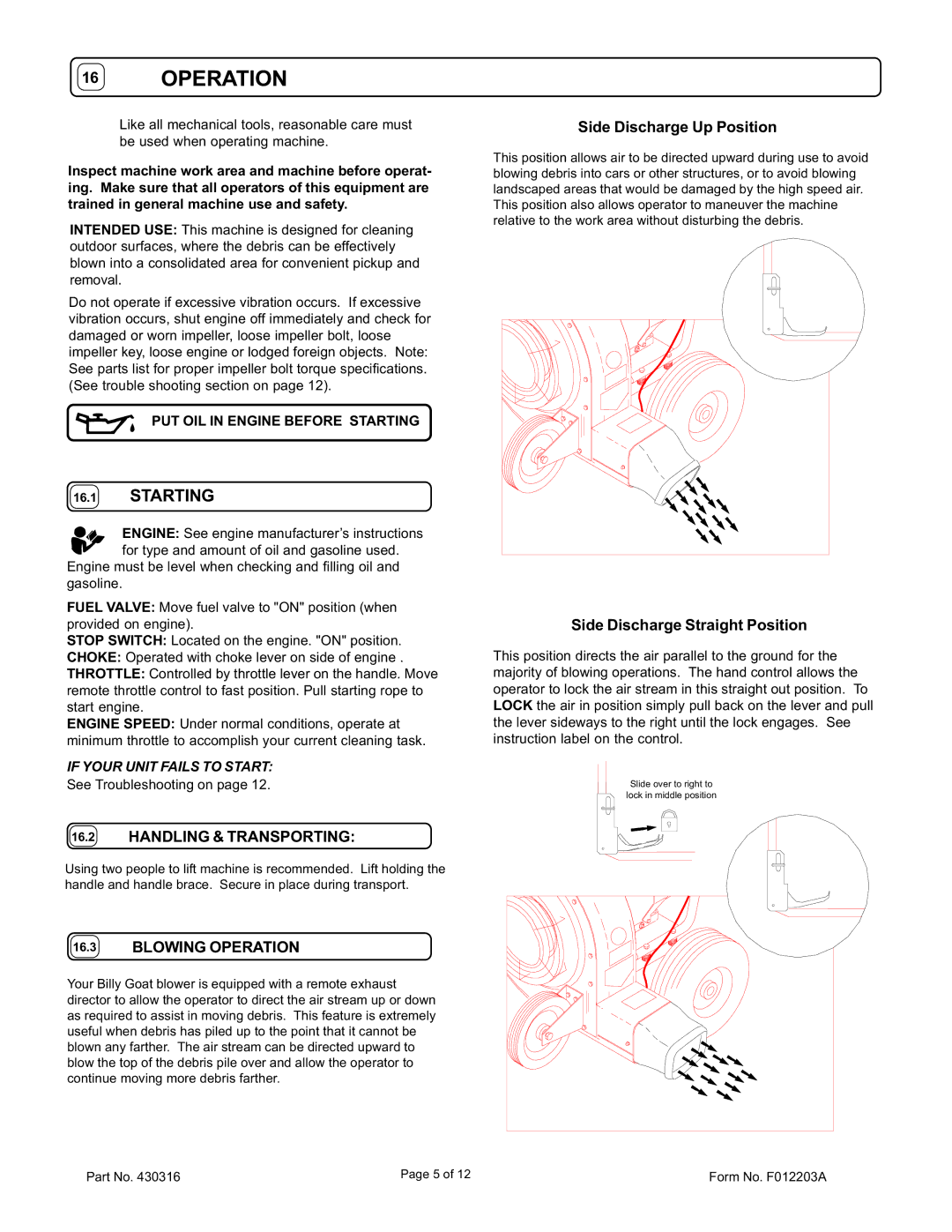 Billy Goat QB1004, QB884H, QB1304H, QB994S, QB654, QB1304HBW, QB554HC specifications Operation, Handling & Transporting 