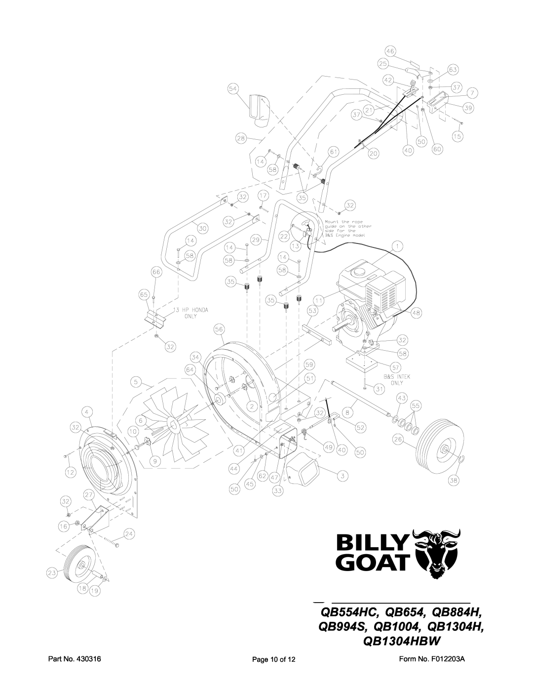 Billy Goat QB1004, QB884H, QB1304H, QB994S, QB654, QB1304HBW, QB554HC specifications Parts Drawing 