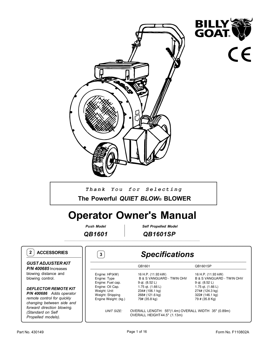 Billy Goat QB1601, QB1601SP specifications Accessories 