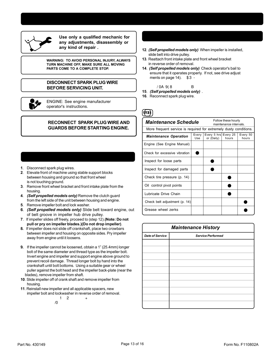 Billy Goat QB1601, QB1601SP specifications Disconnect Spark Plug Wire Before Servicing Unit, Impeller Removal 