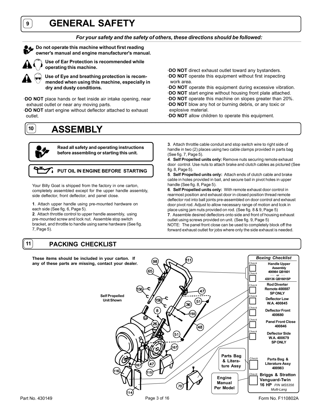 Billy Goat QB1601, QB1601SP specifications General Safety 