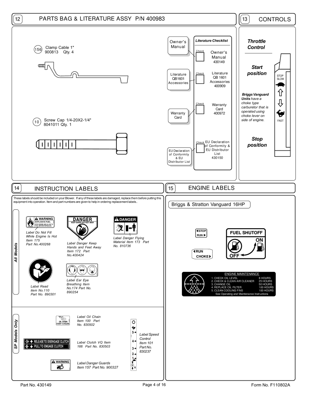 Billy Goat QB1601, QB1601SP specifications Parts BAG & Literature Assy P/N Controls 