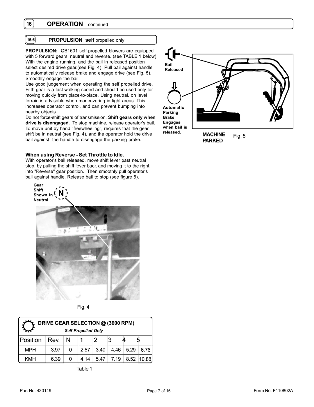 Billy Goat QB1601, QB1601SP specifications Drive Gear Selection @ 3600 RPM, Mph Kmh, Machine Parked 