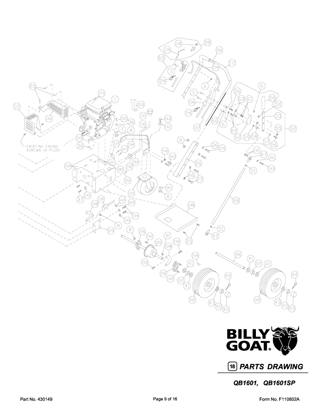 Billy Goat QB1601, QB1601SP specifications 18PARTS DRAWING, Page 9 of, Form No. F110802A 