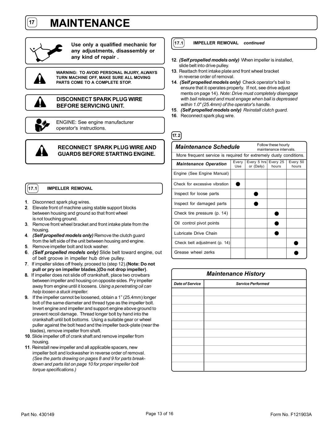 Billy Goat QB1601,QB1601SP owner manual Disconnect Spark Plug Wire Before Servicing Unit, Impeller Removal 