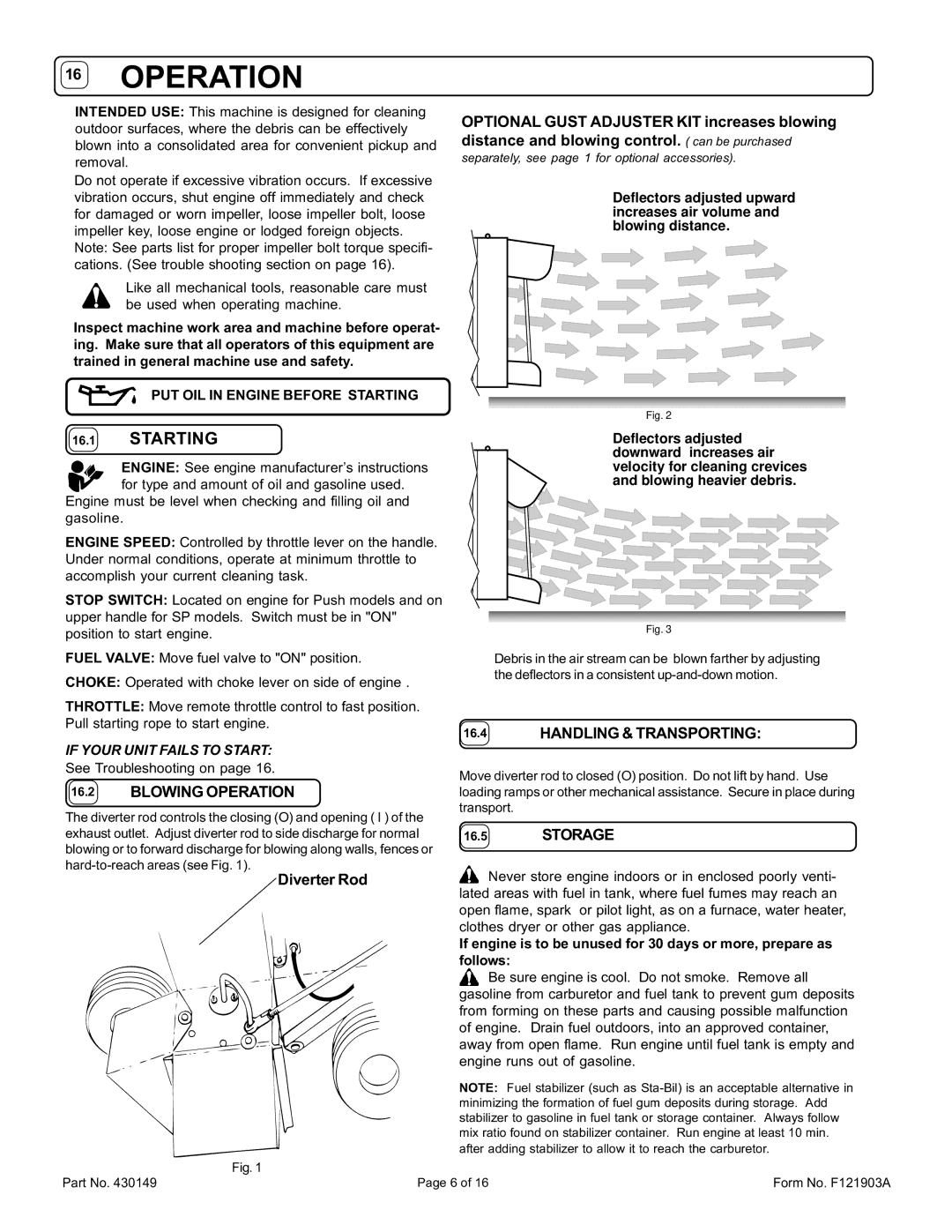 Billy Goat QB1601,QB1601SP owner manual Blowing Operation, Handling & Transporting, Storage 