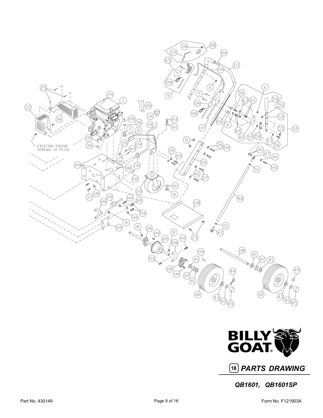 Billy Goat QB1601,QB1601SP owner manual Parts Drawing 