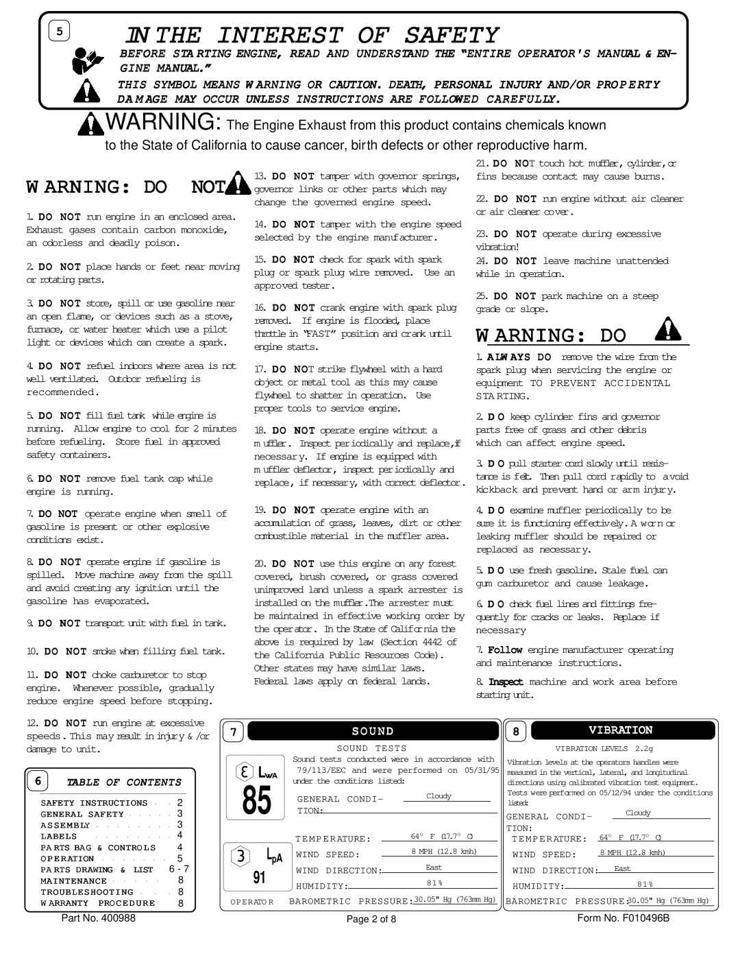 Billy Goat QB501CE owner manual Interest of Safety, Sound Vibration 